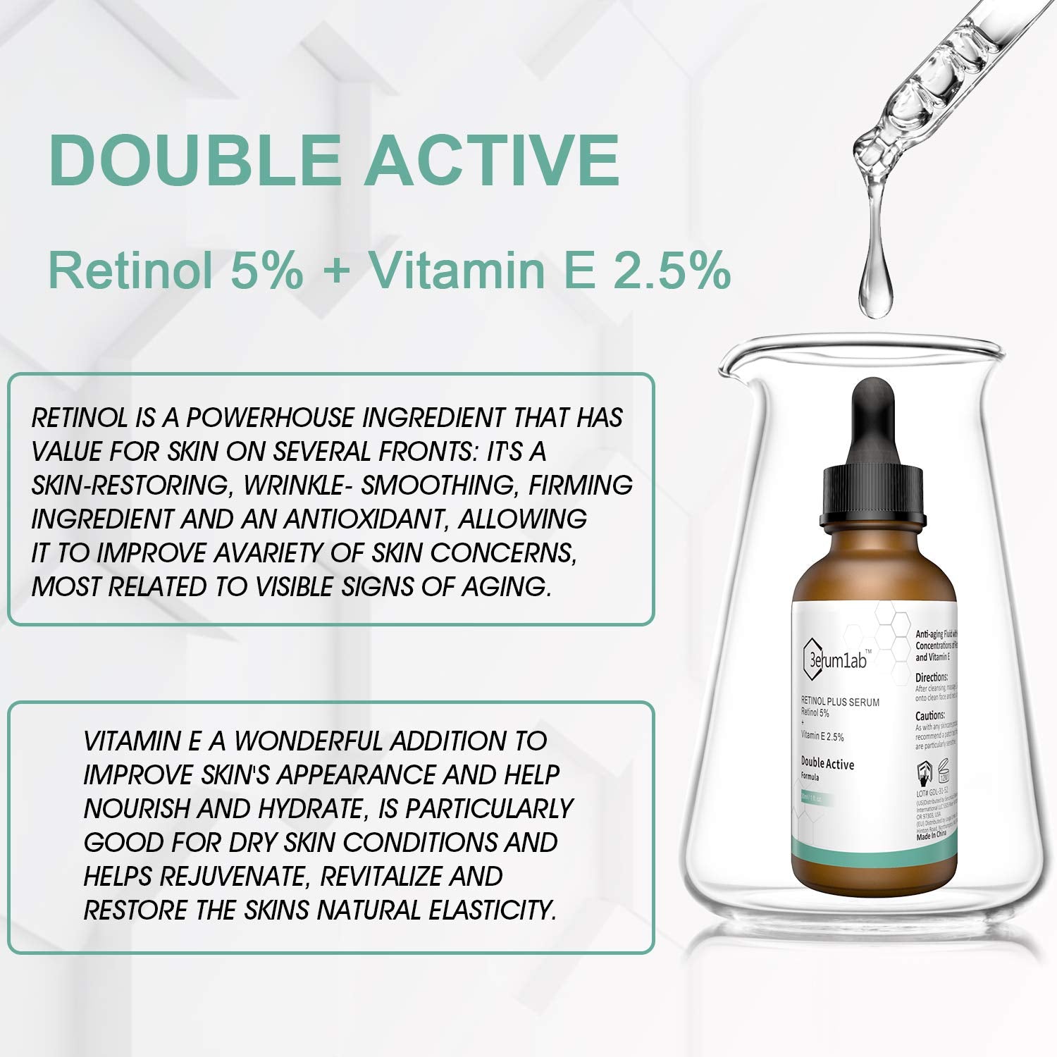 Retinol Serum High Strength for Face and Skin, Unique Double Active Ingredients of Retinol & Vitamin E, Synthetic Effect to Reduce Wrinkle, and Dark Circle (Pack of 2)