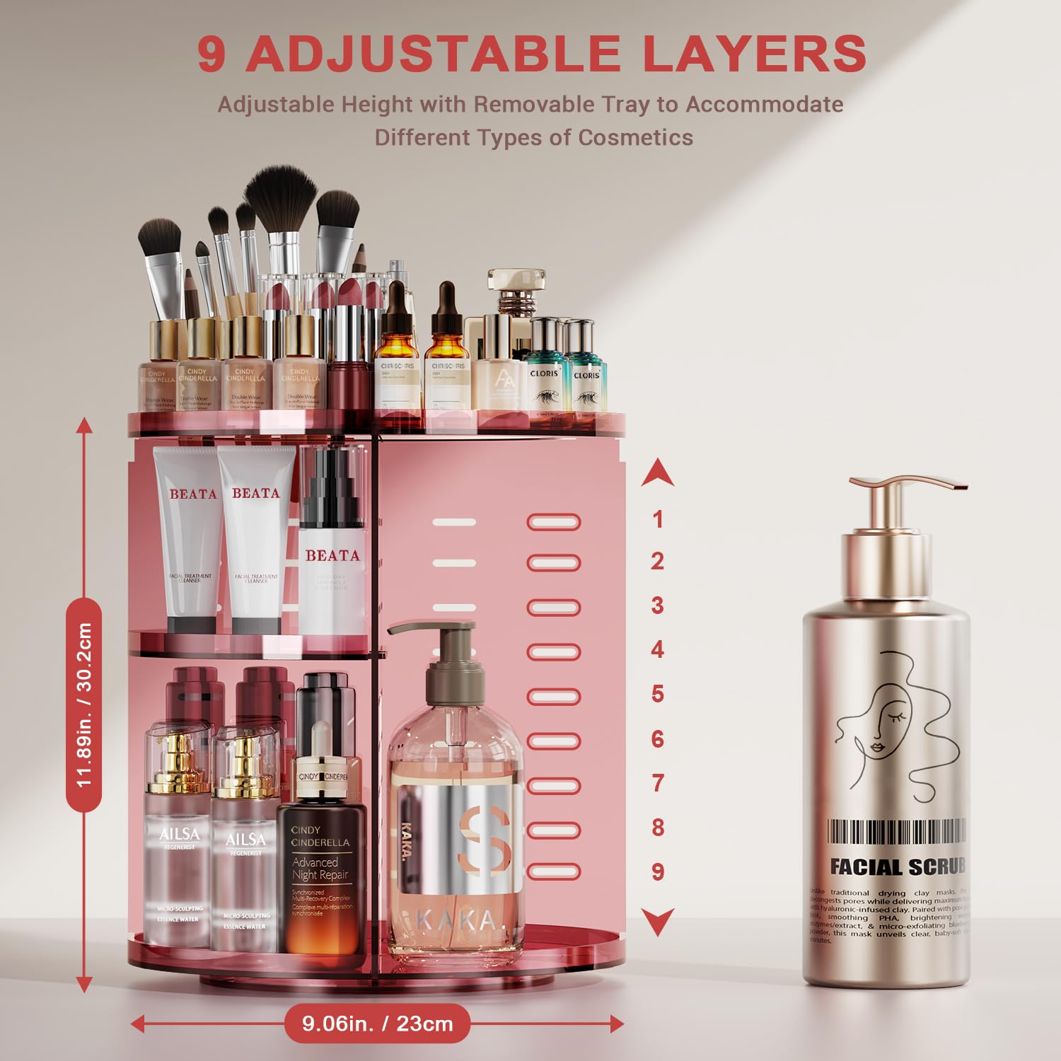 Auxmir Makeup Organiser, 9 Layers Adjustable Large Capacity Cosmetic Organsier for Jewellery, Lipsticks, 360 Degree Rotating Skincare Organiser, Make Up Storage Display for Bathroom, Bedroom, Pink