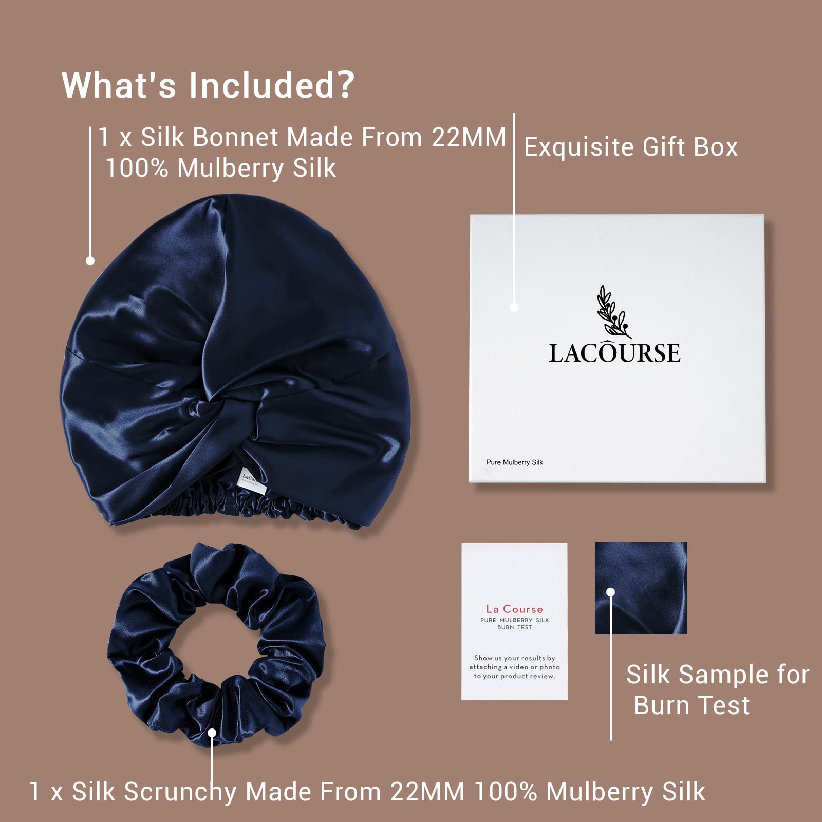 LaCourse 100% Genuine 22Momme Silk Bonnet for Sleeping, Double-Layered Mulberry Silk Hair Wrap with Premium Elastic Stay on Head. (One Size, Navy Blue)