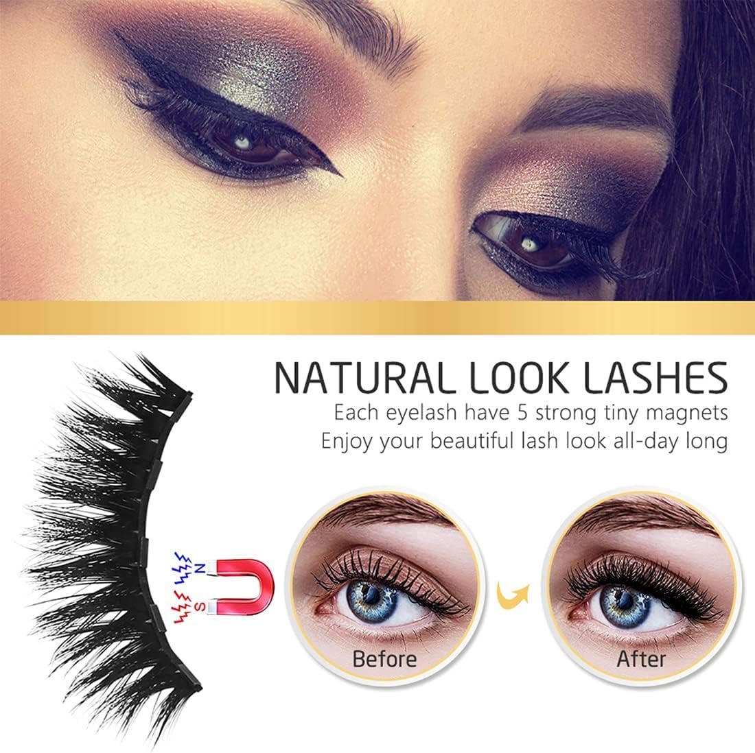 INSMART 10 Pairs False Eyelashes - Upgraded 3D 5D Magnetic Eyelashes & Magnetic Eyeliner Kit with 2 Tubes of Eyeliner & Tweezers - Natural Look, No Glue