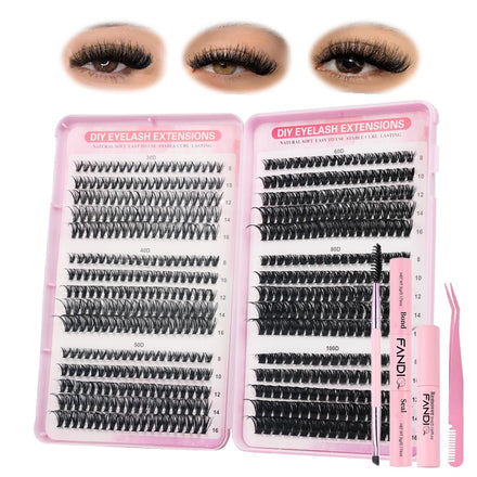 FANDIQ Individual Eyelashes Wispy Lash Clusters Kit 570 Pcs Eyelash Extension Kit D Curl Cluster Lashes 8-16MM DIY Eyelash Extension Kit with Lash Bond and Remover Tweezers Double-Ended Brush(A01 KIT)