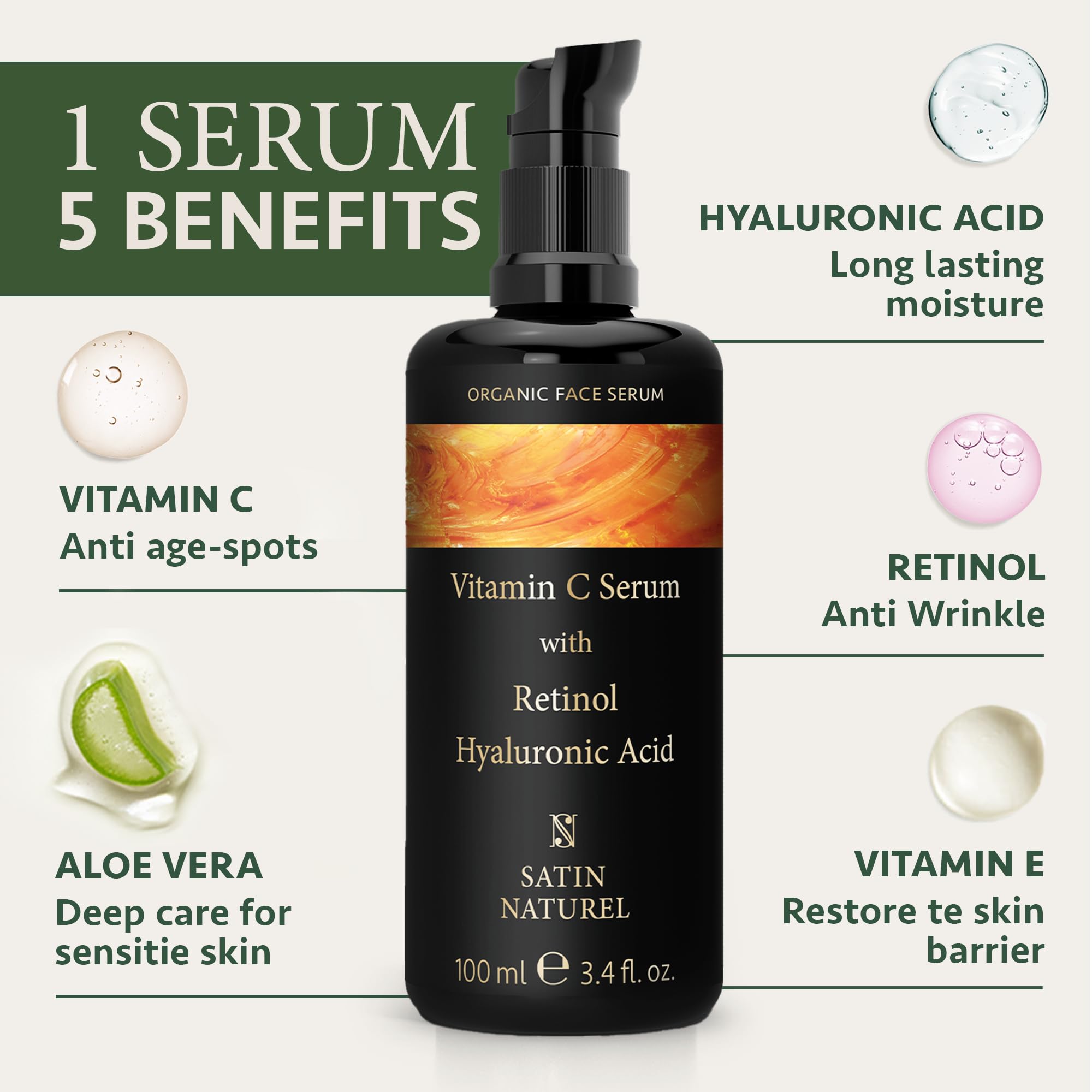 Satin Naturel Vitamin C Serum for Face + Retinol + Hyaluronic Acid + Vitamin E 100ml - Anti Aging Face Serum for Women for Dark Spots, Smoothing Fine Lines and Wrinkles Skin Brightening