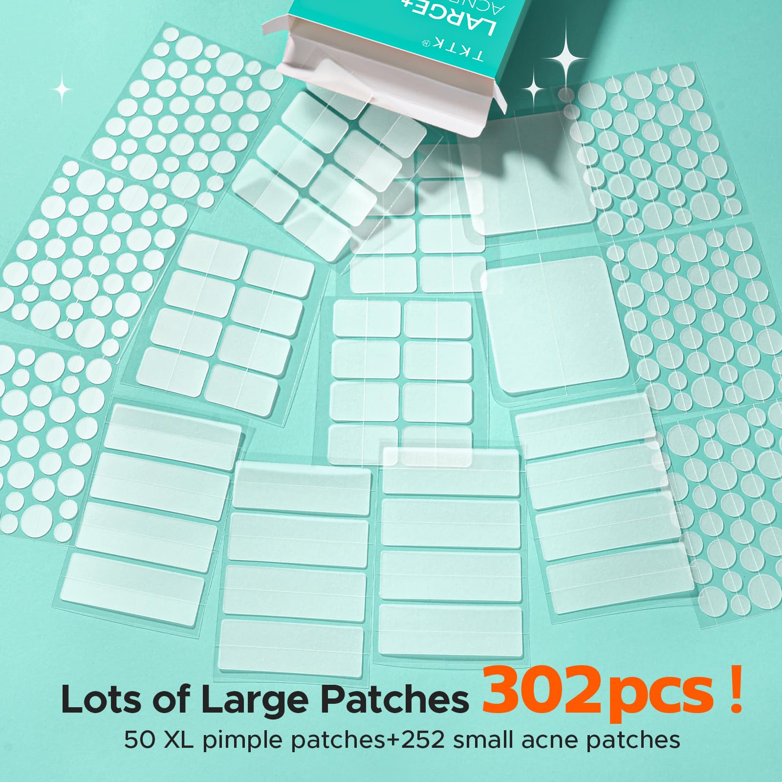 TKTK Large Pimple Patches for Face, 7 Sizes XL Acne Patches, Big Hydrocolloid Bandages for Body, Chin, Forehead, Chest, Back Zit Breakouts, Hydrocolloid Patch (7 Sizes 302 Count)