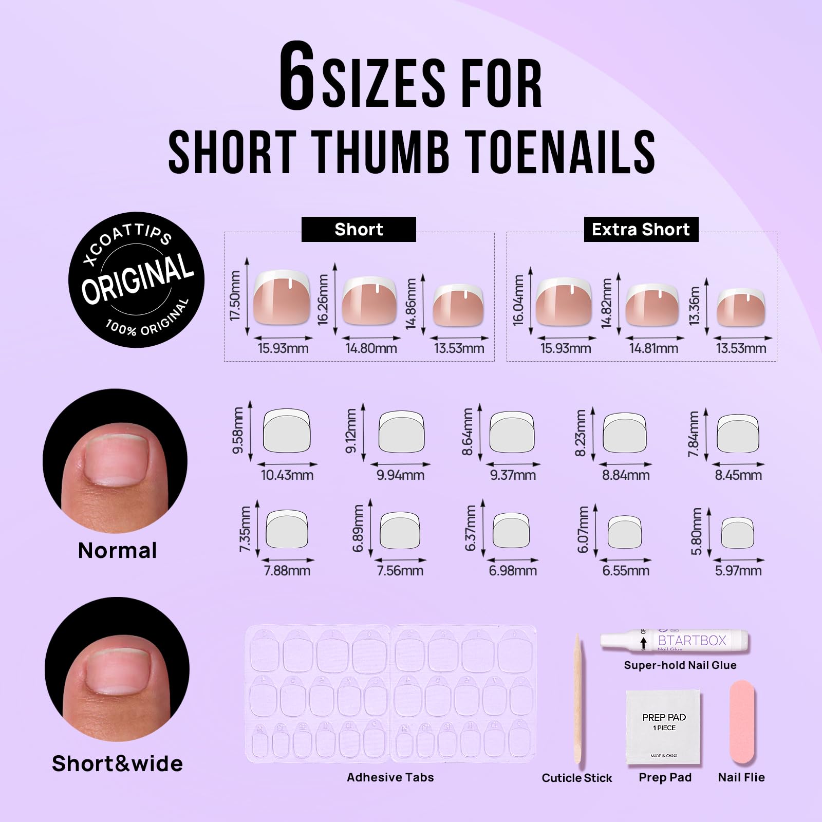 BTArtbox False Toenails Short - 32 Pcs French Tip Press on Toe Nails, Brown Square Toe Nails False, Light Weight Stick on Toenails with Glue, Fake Toenails in 16 Sizes, Champ