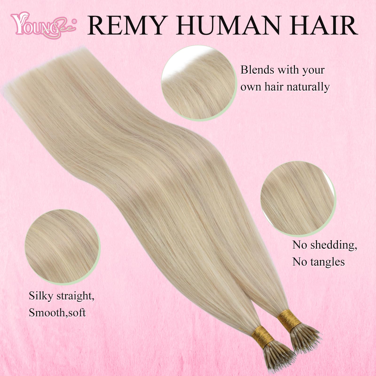 YoungSee Nano Hair Extensions Blonde 16inch Nano Bead Hair Extensions Human Hair Warm Ash Blonde Highlight Bleach Blonde Nano Ring Extension Highlights Soft 50s 50g