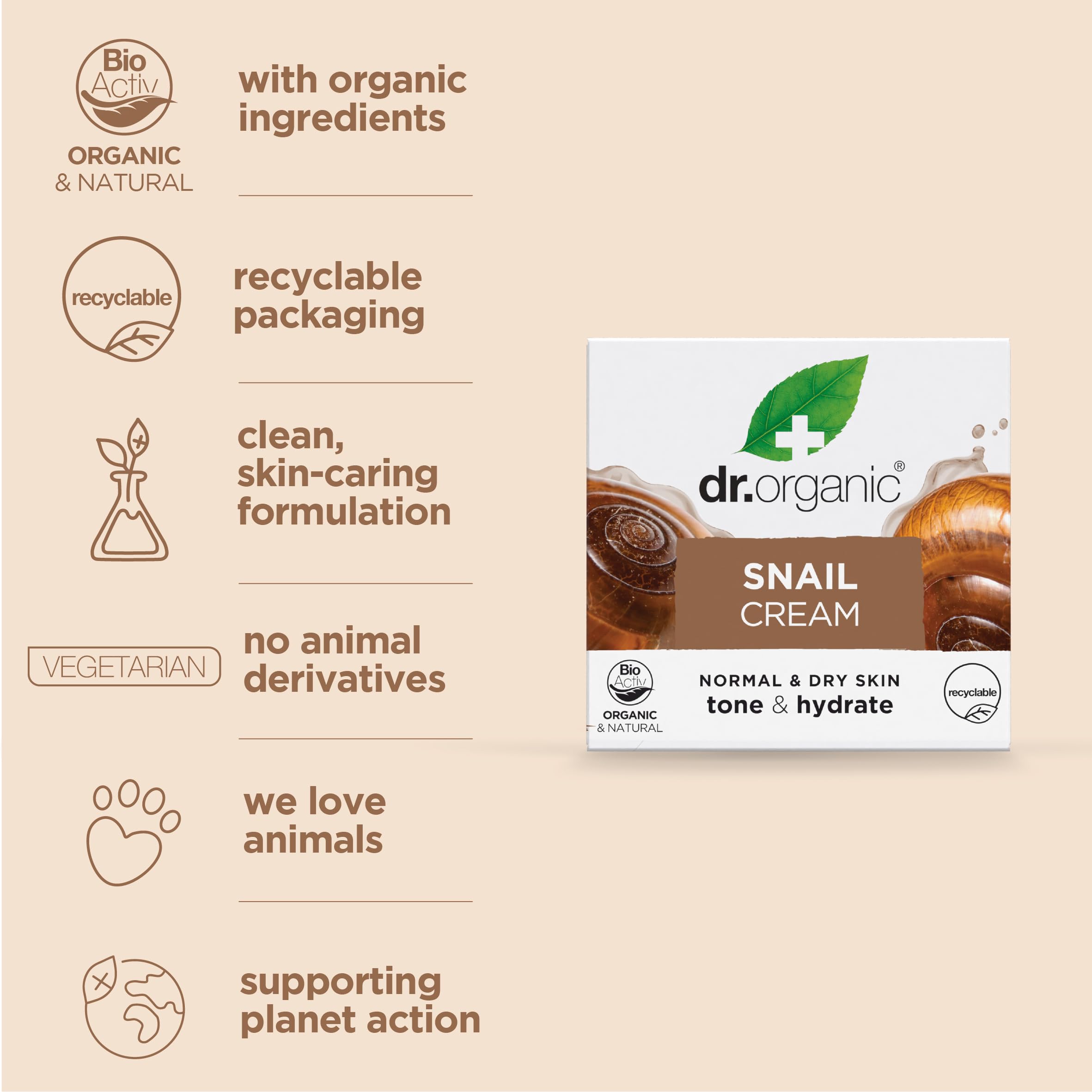 Dr Organic Snail Gel Cream, Healthy-Aging, Moisturising, Mens, Womens, Normal & Dry Skin, Natural, Vegetarian, Cruelty-Free, Paraben & SLS-Free, Recycled & Recyclable, Organic, 50ml