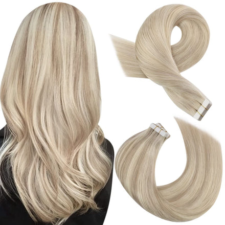 Moresoo Tape Hair Extensions Blonde Tape in Human Hair Extensions Ash Blonde with Platinum Blonde Real Human Hair Extensions Tape in 12 Inch 20 Pieces/30g #P18/613