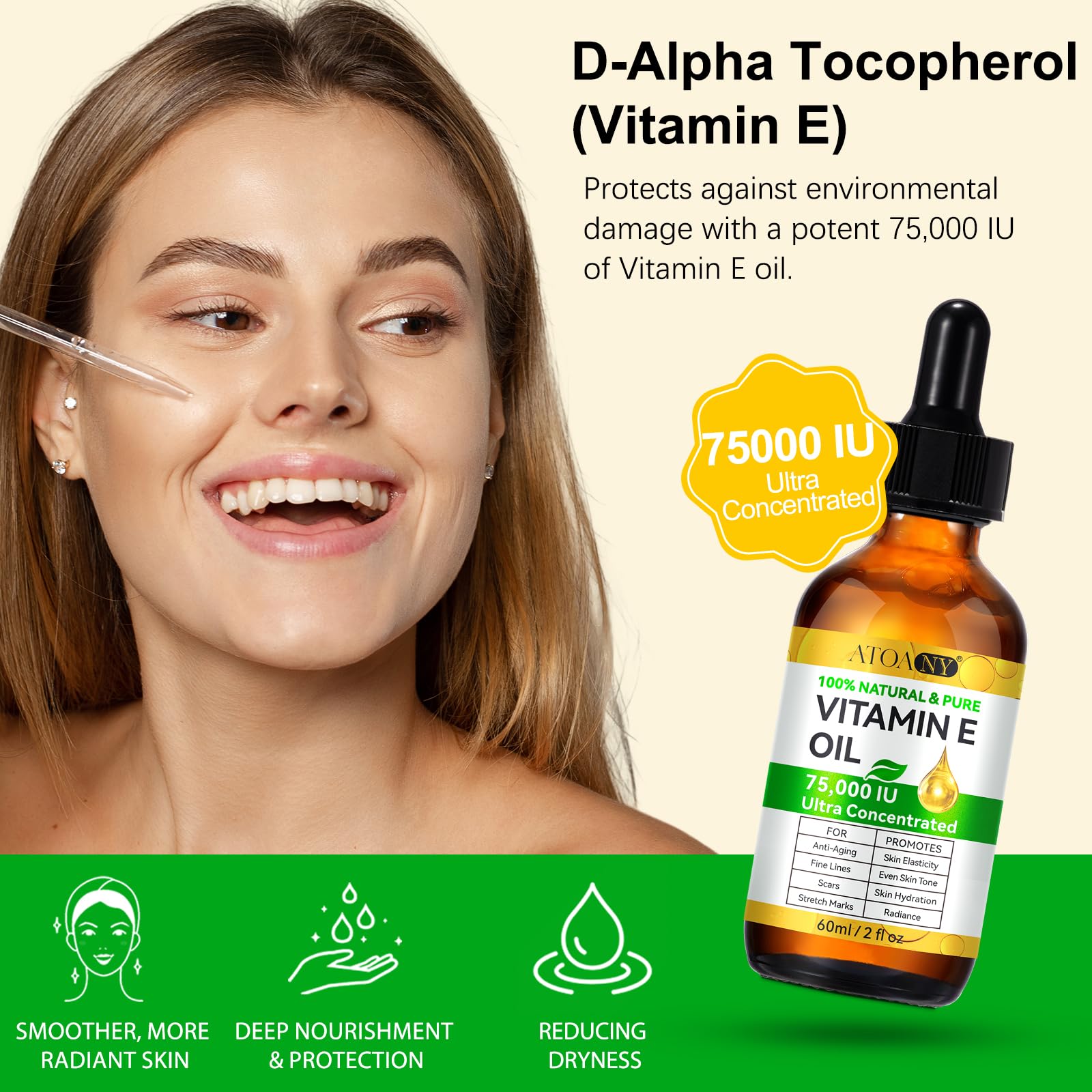 Vitamin E Oil 75,000 IU 2 Pack - 100% Organic Pure Vitamin E Oil for Skin, Face, Hair, Body - Natural Antioxidant for Dryness, Wrinkles, Scars & Stretch Marks, Deep Hydration for Soft, Glowing Skin
