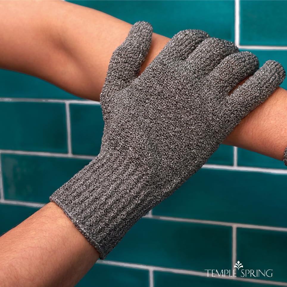 Temple Spring Exfoliating Glove, Carbonized Rayon Bamboo Exfoliating Body Scrubber, Loofah Washcloth, Exfoliate Loofa Shower Scrubber, Body Exfoliator Scrub, Shower Loofah Bath Sponge - Grey XL
