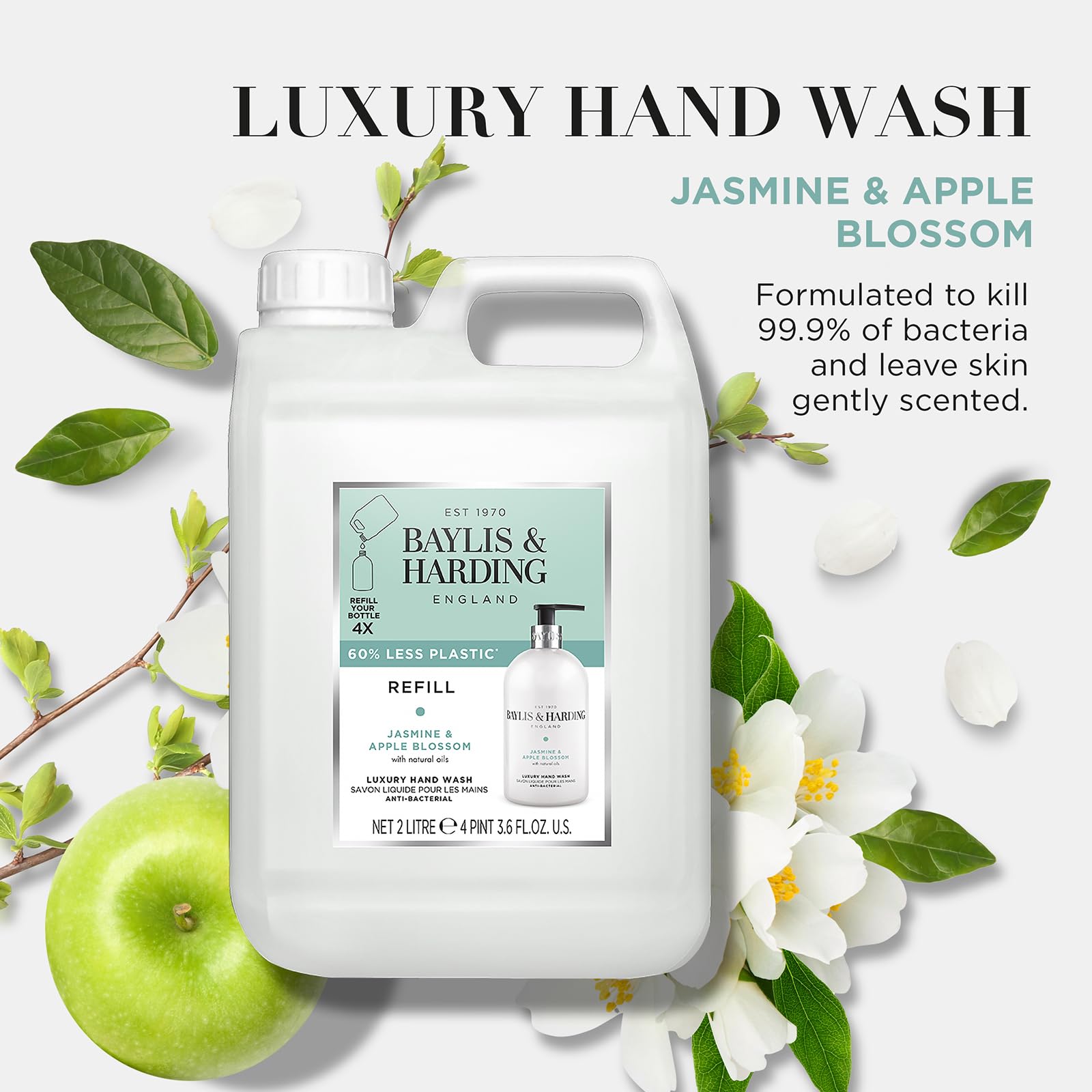 Baylis & Harding Jasmine & Apple Blossom Anti-Bacterial Hand Wash 2 litre Refill (Pack of 3 - Total 6 litres) - Vegan Friendly