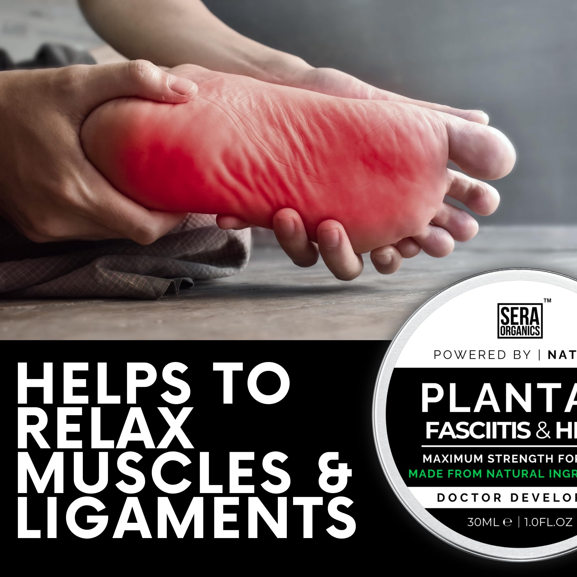 Plantar Fasciitis Relief & Heel Treatment | Maximum Strength Soothing Cream for Feet & Heel All-Natural Formula, Effective Soothing Plantar Fasciitis Relief - Made In the UK (30g) By Sera Organics