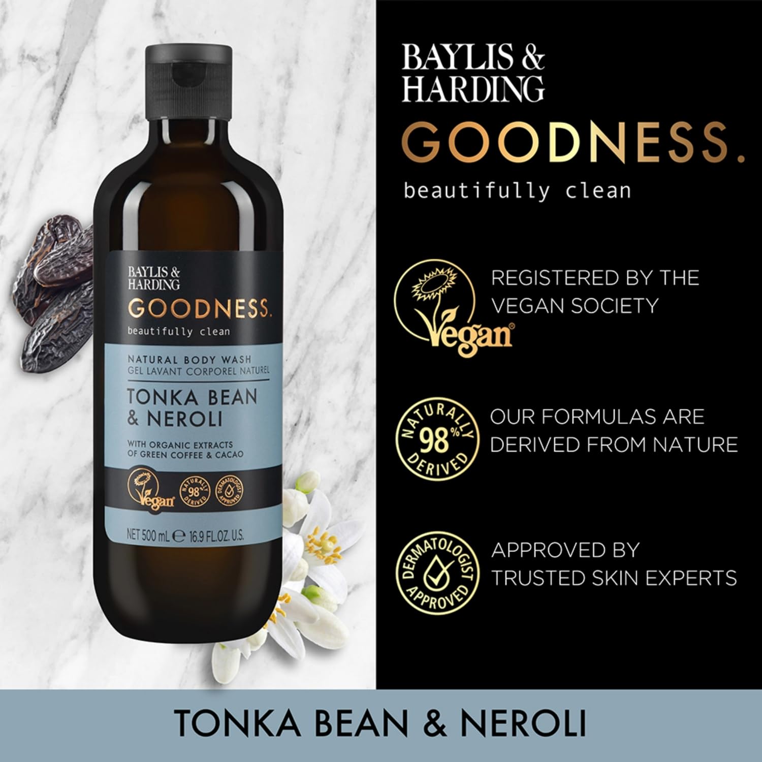 Baylis & Harding Goodness Tonka Bean & Neroli Body Wash, 500 ml (Pack of 3) - Vegan Friendly