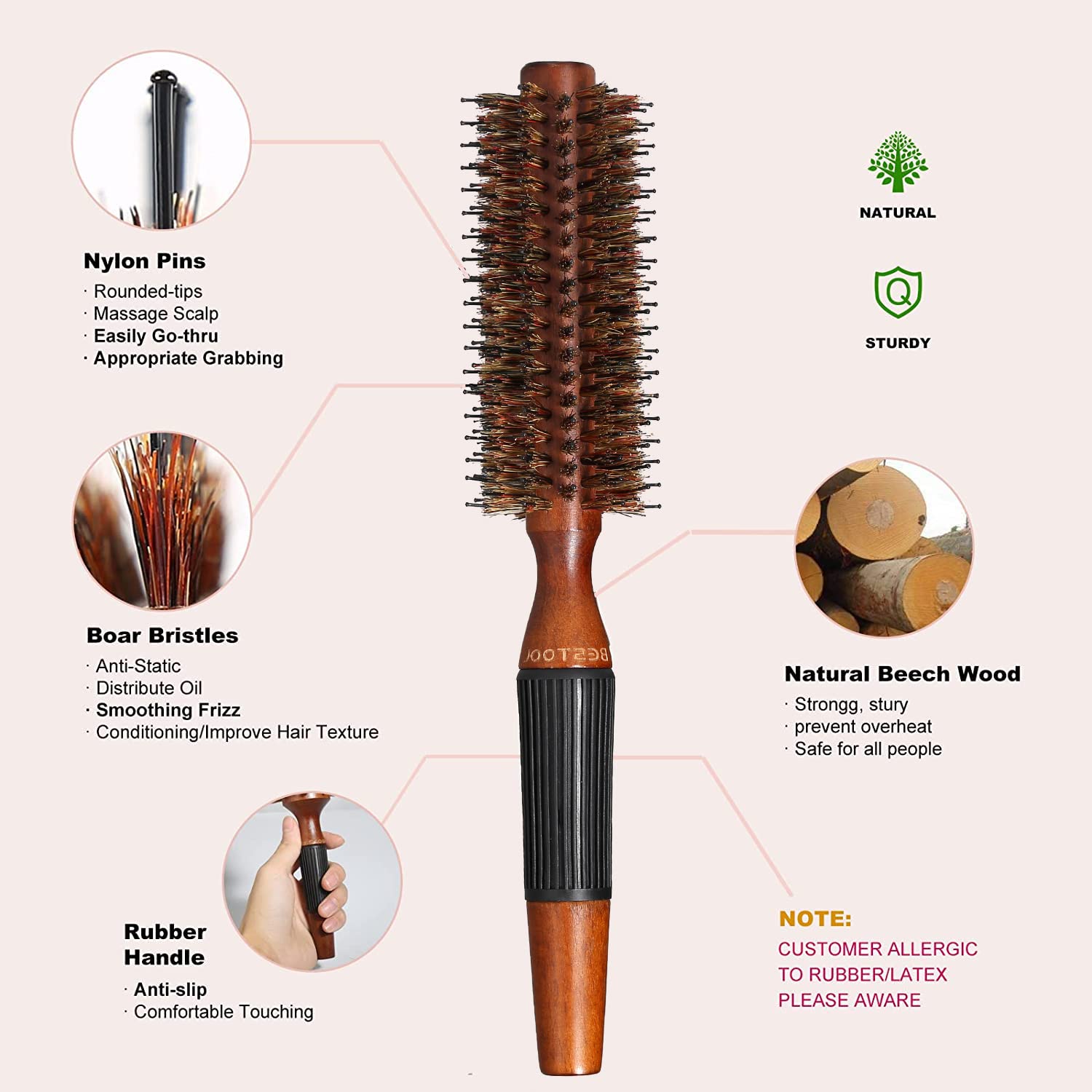 BESTOOL Round Brush for Blow Drying, Boar Bristle Round Hair Brush with Wooden Barrel, Large Round Styling Brush for Women & Men, Straightening, Curling, Adding Shine or Volume (2 inch)