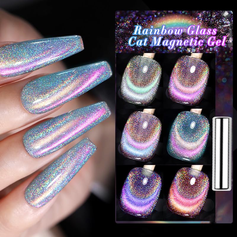 BORN PRETTY Magnetic Gel Nail Polish Set 6 Colors Rainbow Iridescent Gel Polish Cat Magnet Eye Sparkle Nail Polish Varnish U V/LED Nail Art Nail Salon Manicure