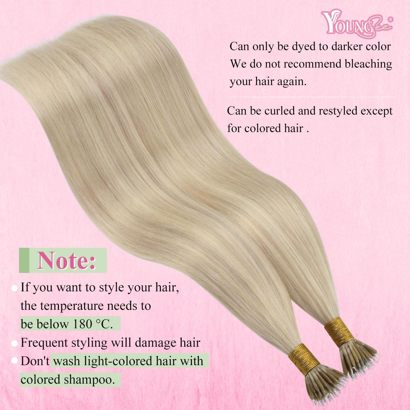YoungSee Nano Hair Extensions Blonde 16inch Nano Bead Hair Extensions Human Hair Warm Ash Blonde Highlight Bleach Blonde Nano Ring Extension Highlights Soft 50s 50g