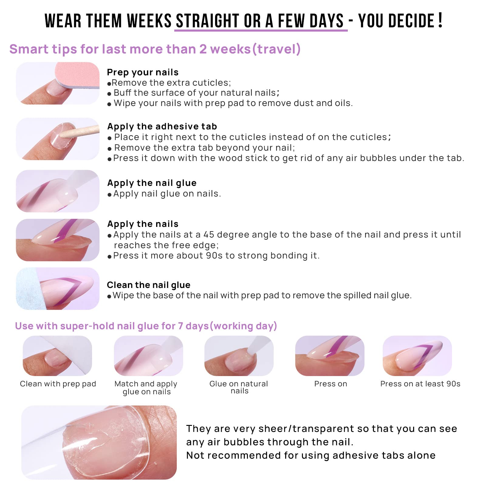 BTArtbox Stick On Nails Short - Square French Tip False Nails With Glue, 30Pcs Soft Gel Fake Nails in 15 Sizes, Reusable Semi-Transparent Glue On Nail for Women, French Girl