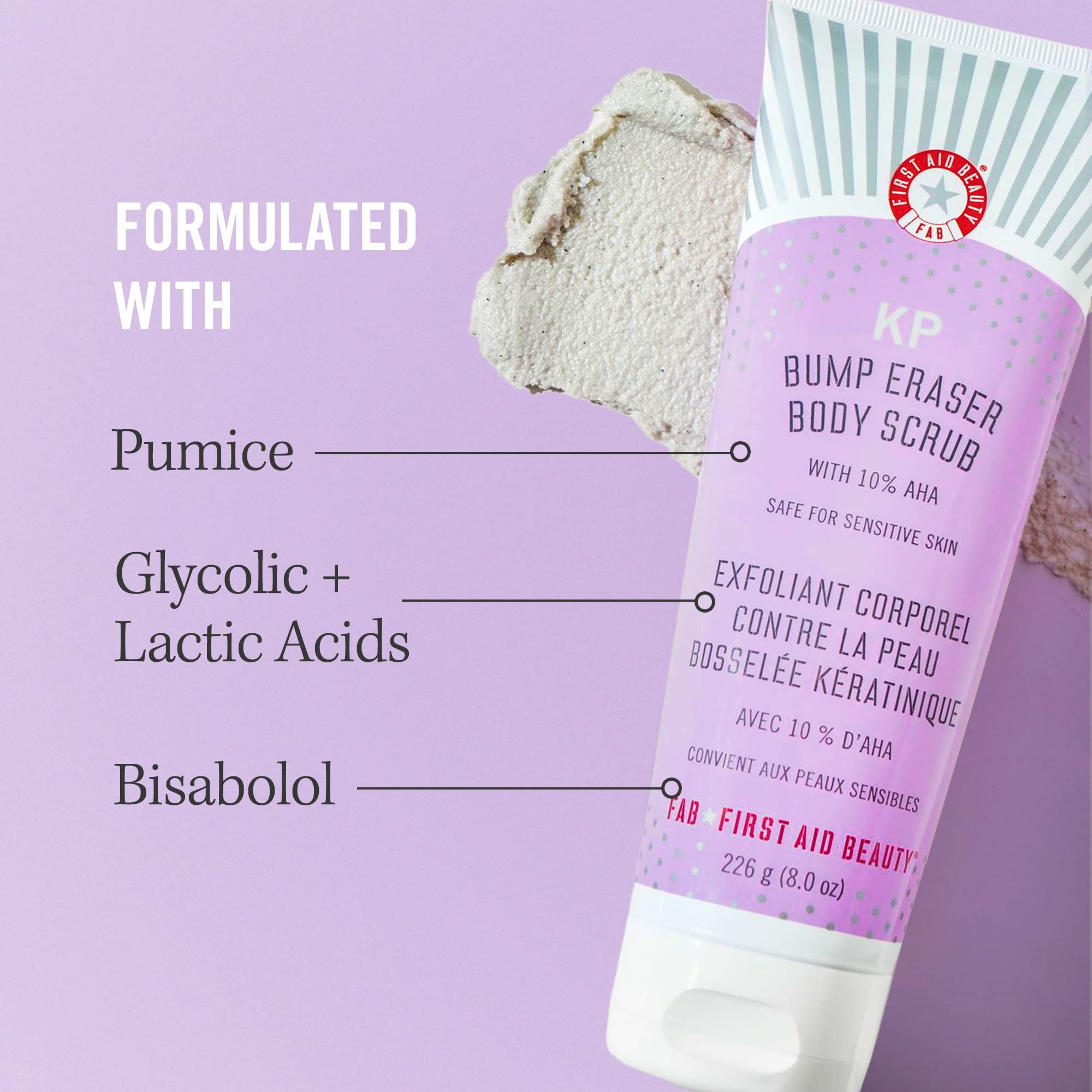 First Aid Beauty Bye Bye Bumps Kit – 3 Exfoliating Favourites – KP Bump Eraser Body Scrub with 10% AHA, 114 g, KP Smoothing Body Lotion, 28.3 g, + Ingrown Hair Pads, 28 Count