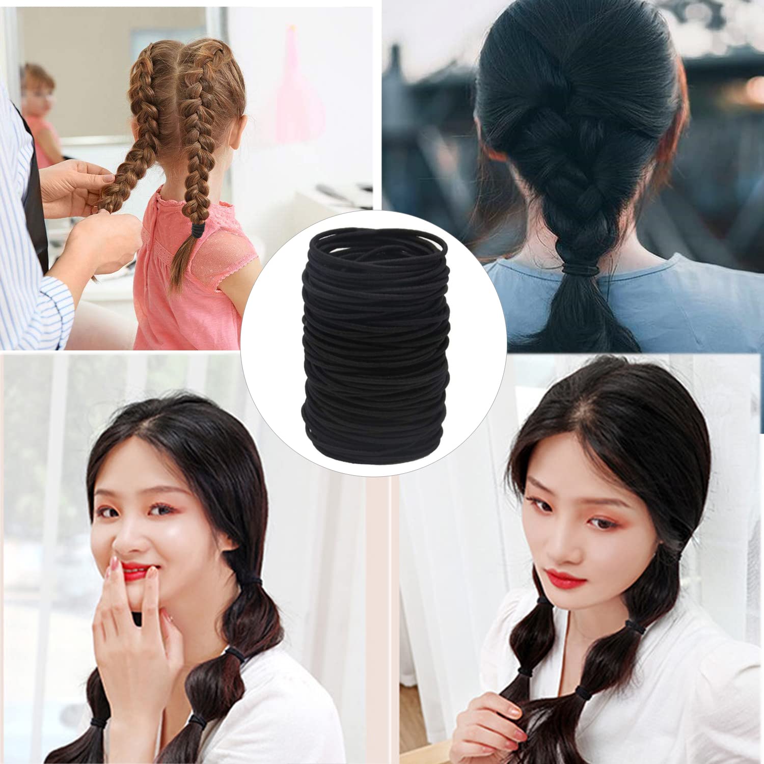 50 Pcs Ouchless Womens Elastic Hair Tie, 2mm Hair Ties for Thick and Curly Hair Ponytail Holders Hair Elastic Band for Women or Men(Black)