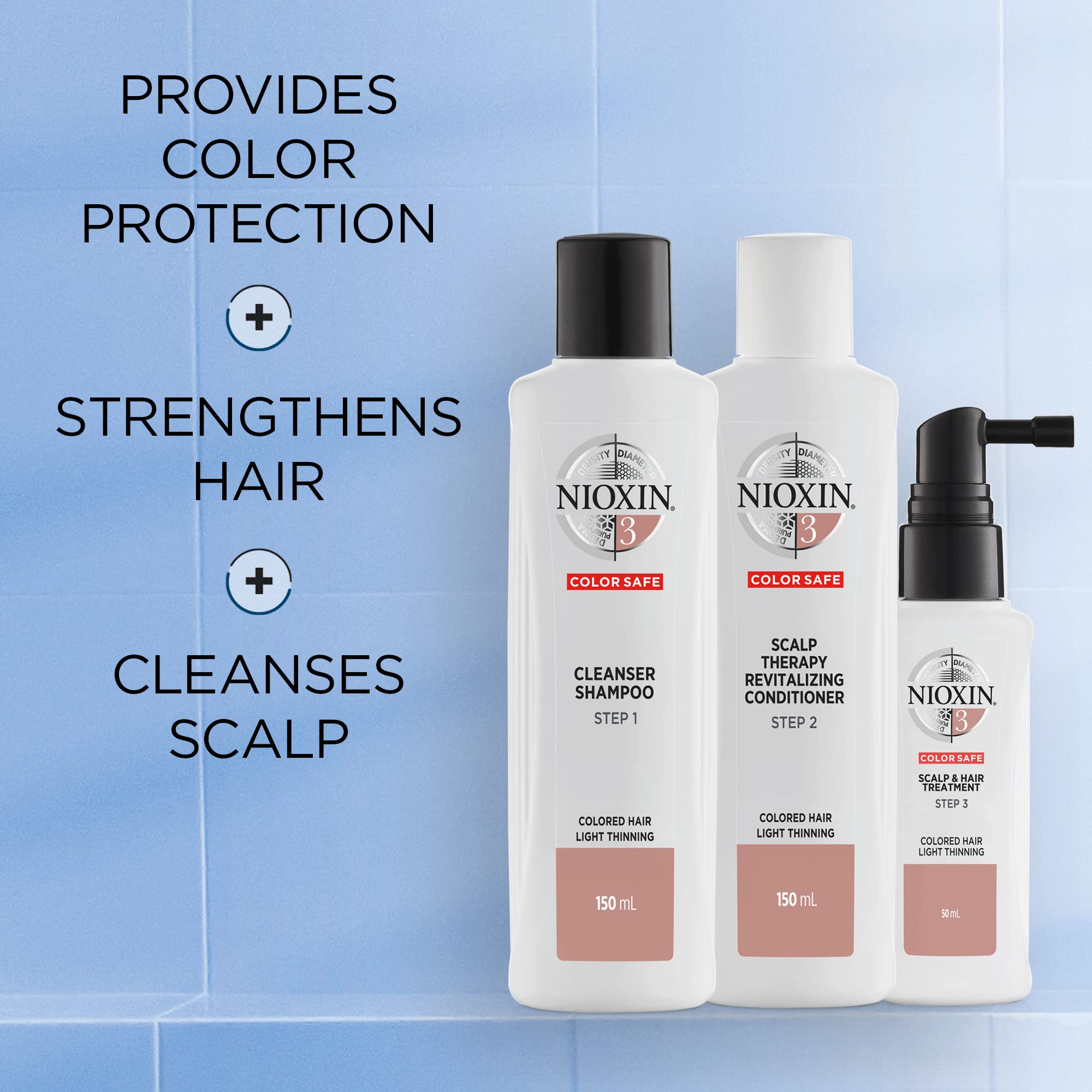 Nioxin 3-Part System | System 3 | Coloured Hair with Light Thinning Hair Treatment | Scalp Therapy | Hair Thickening Treatment | Trial Kit