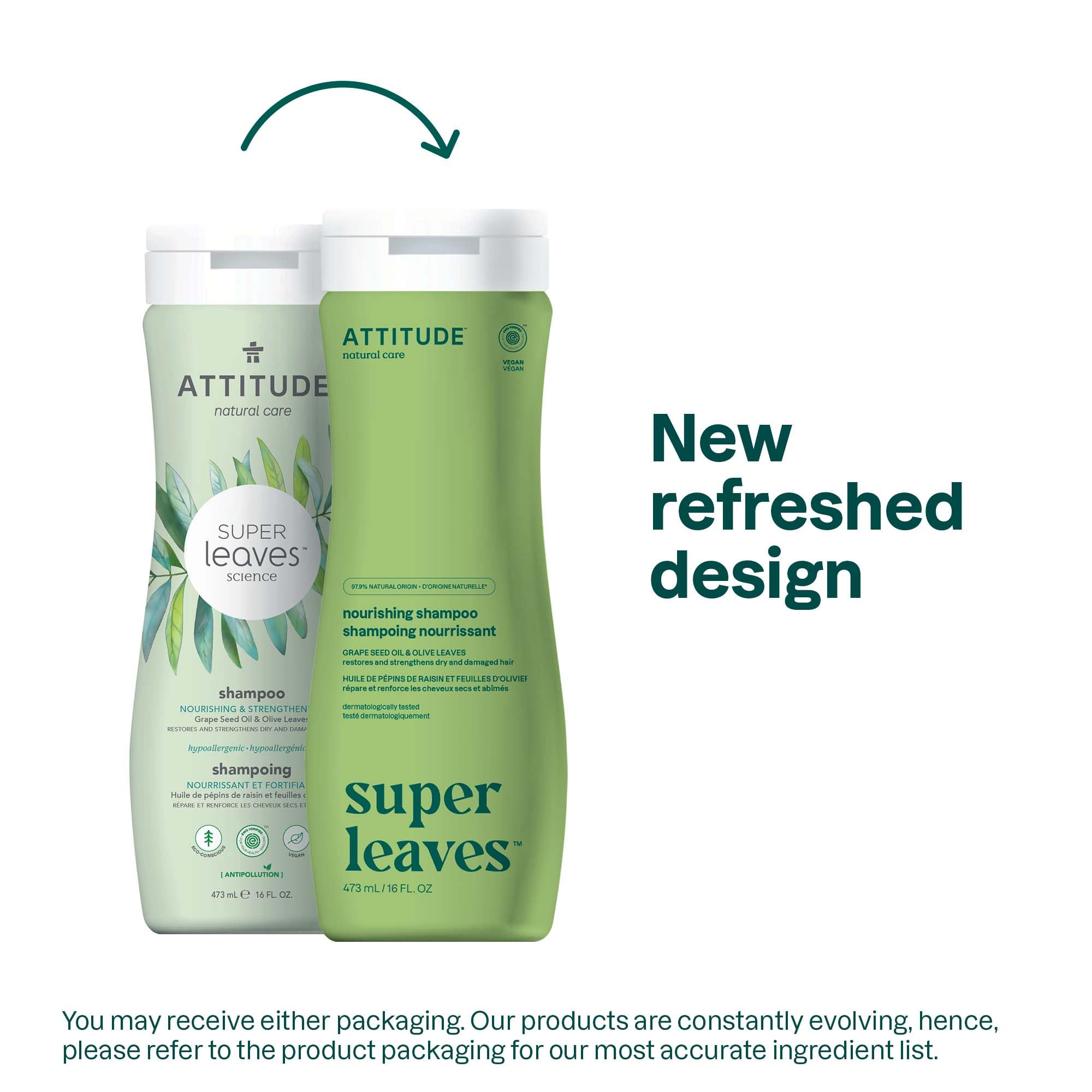 ATTITUDE Nourishing Hair Shampoo, EWG Verified, For Dry and Damaged Hair, Naturally Derived Ingredients, Vegan and Plant Based, Grapeseed Oil and Olive Leaves, 473 mL