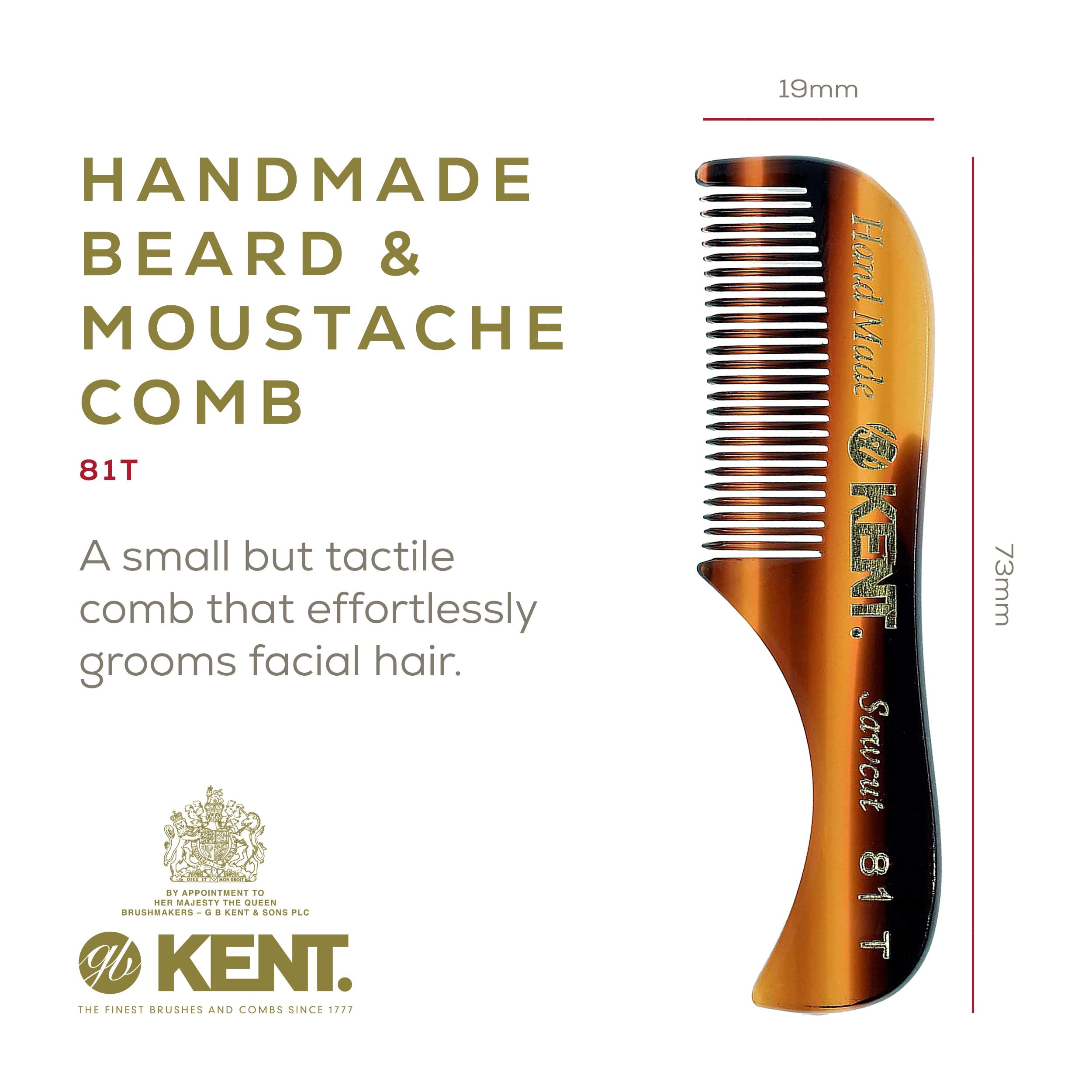 KENT 81T "Freddie" Handmade Beard Mustache Comb - Extra Small. Unbreakable Fine Toothed Beard and Moustache Combs Pocket Size for Facial Hair Grooming. Hand-Made Saw-Cut & Polished