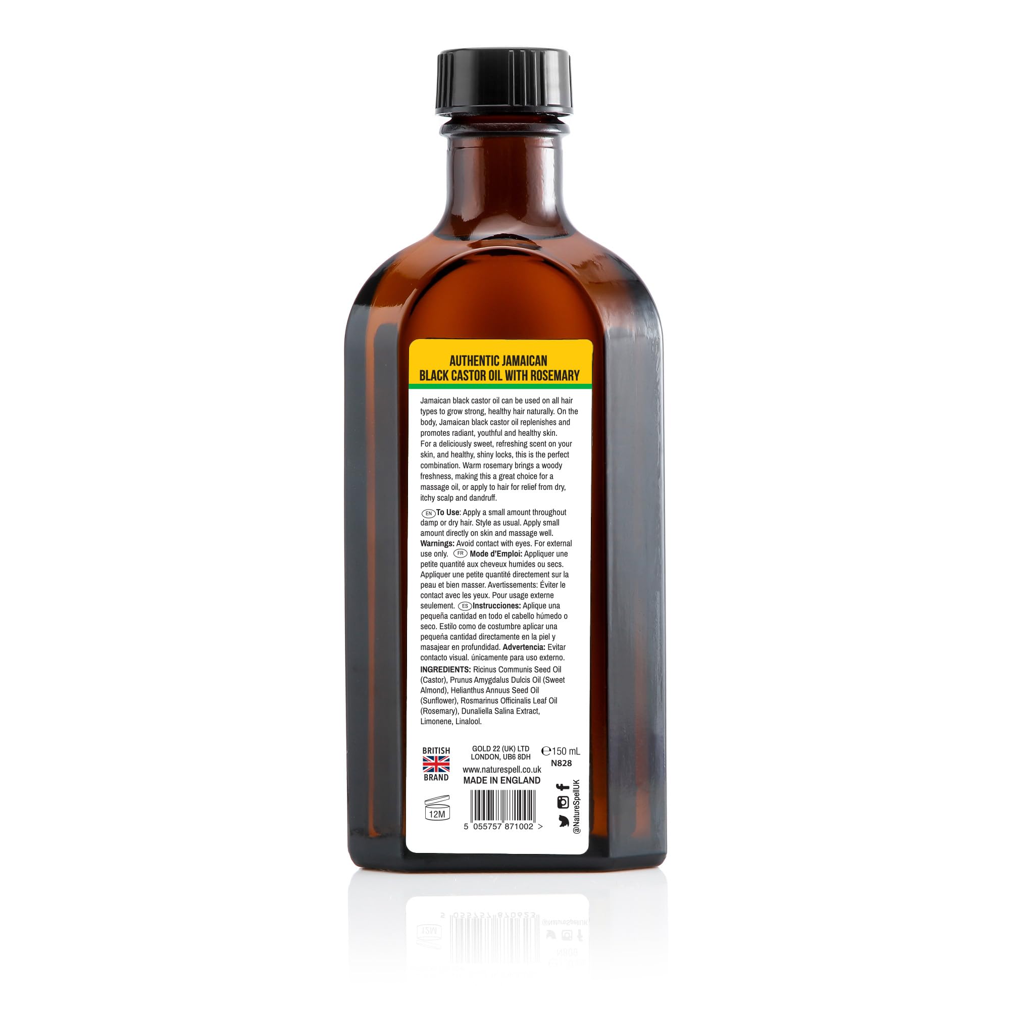 Nature Spell Jamaican Black Castor Oil Infused with Rosemary for Body & Hair, Strengthen Roots & Treat Damaged Hair, 5.07 Fl Oz