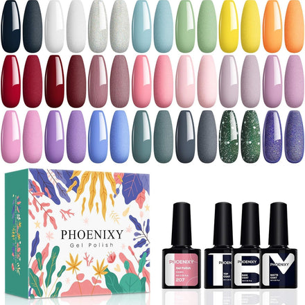 Gel Nail Polish Set - Phoenixy 24pcs 8ml UV Soak-off Gel Polish 21 Colours Gel Nail Varnish Set Base and Top Coat Nail Gift Kit for Women