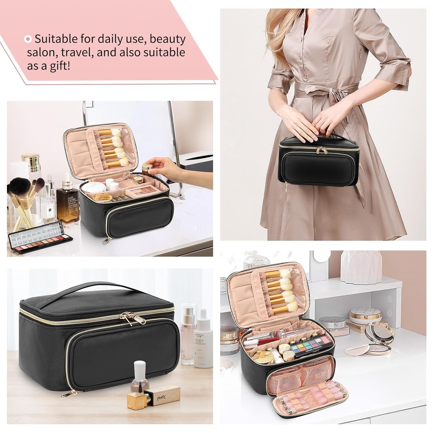 Travel Makeup Bag, Portable Cosmetic Bag with Makeup Brush Organiser Large Capacity Make up Case Water-Resistant Toiletry Bag for Women Travel Essentials, Large
