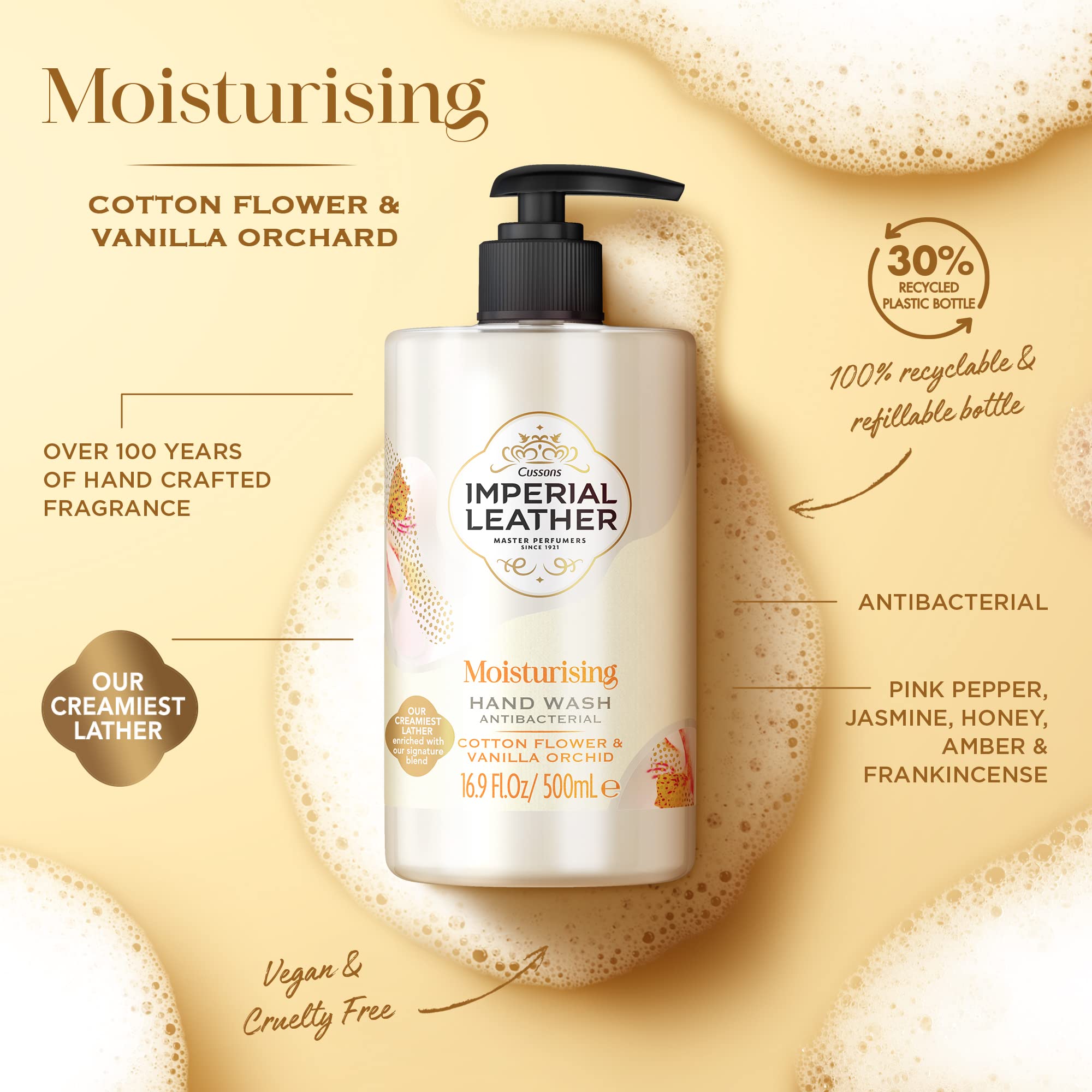 Imperial Leather Moisturising Hand Wash, Cotton Flower & Vanilla Orchid, Antibacterial, Signature Oil Blend, Gentle Skin Care, Bulk Buy Pack of 6 x 500ml