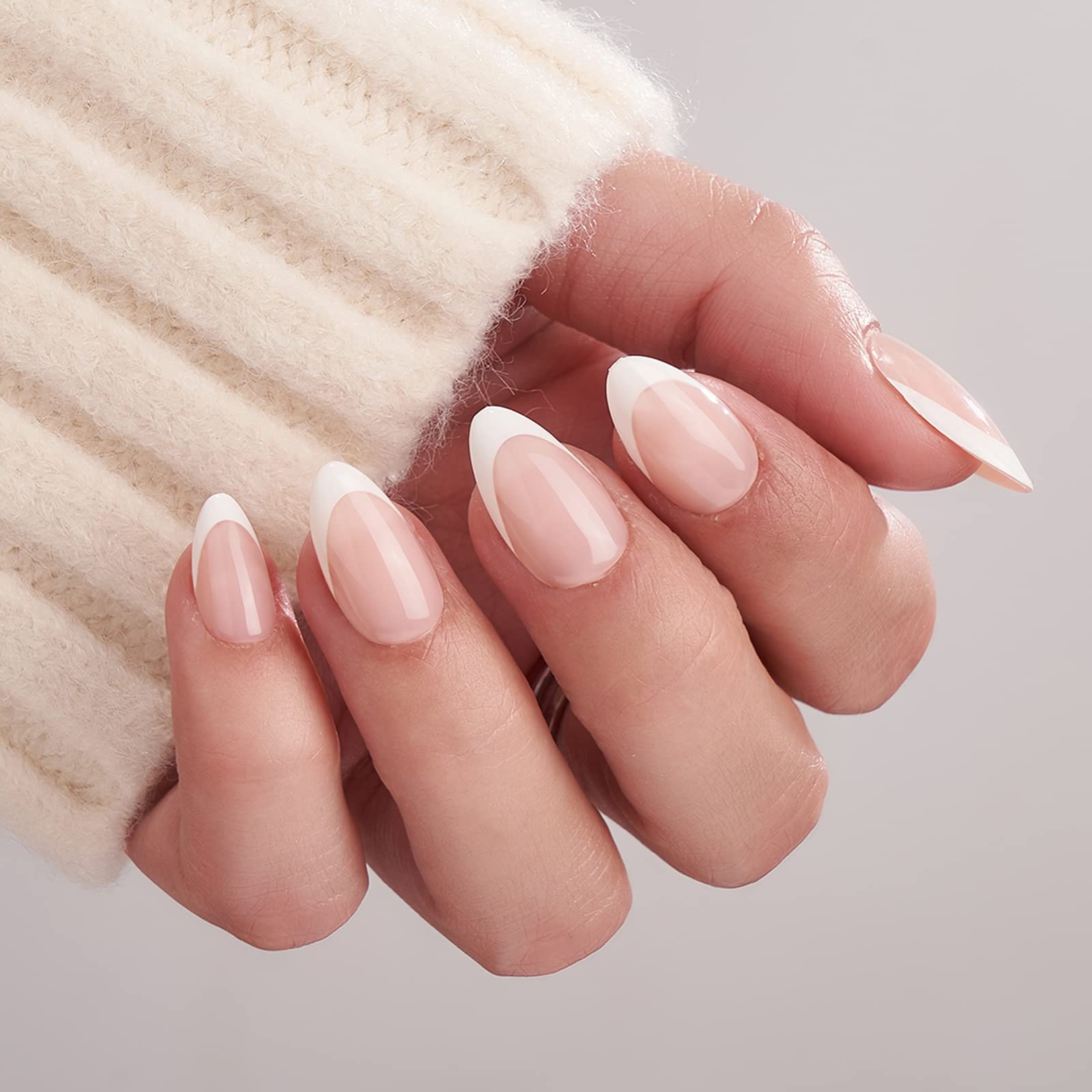BTArtbox French Tip False Nails - Short Almond Press on Nails with Glue, 30Pcs Soft Gel Fake Nail in 15 Sizes, Reusable Semi-Transparent Stick on Nails for Women, White French