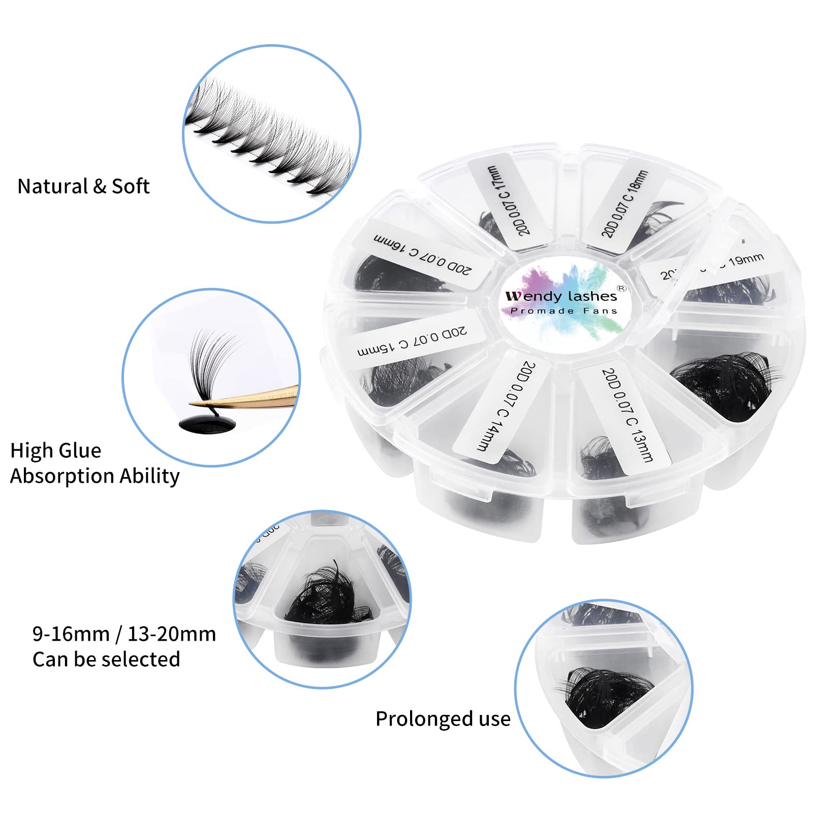 Pre Made Fan Volume Eyelash Extensions 20D 0.07mm D Curl 500 Fans 9-16mm Mixed Tray Premade Fans Loose Volume Lash Extensions Handmade Promade Loose Fans Lash(500-20D-0.07-D-916)