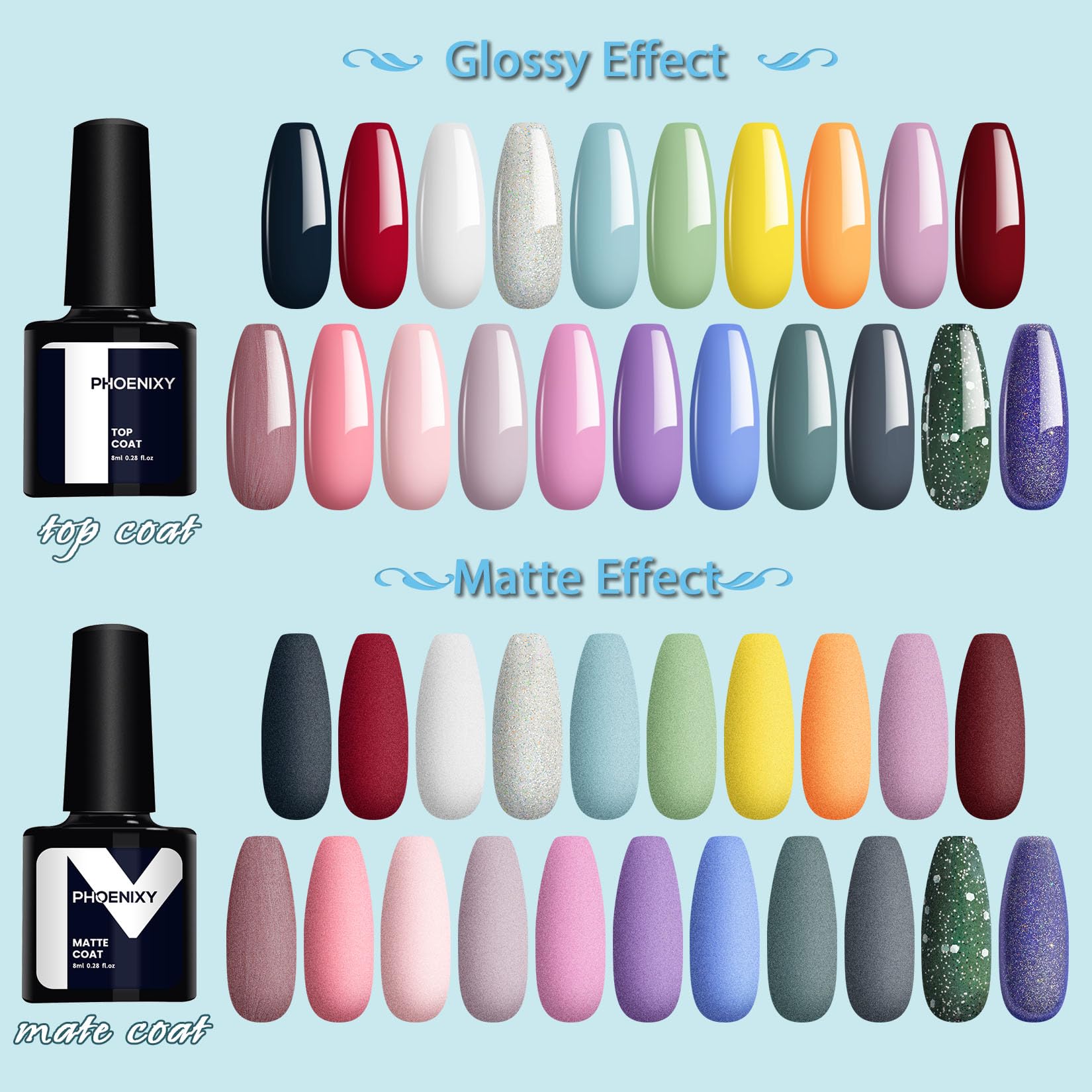 Gel Nail Polish Set - Phoenixy 24pcs 8ml UV Soak-off Gel Polish 21 Colours Gel Nail Varnish Set Base and Top Coat Nail Gift Kit for Women