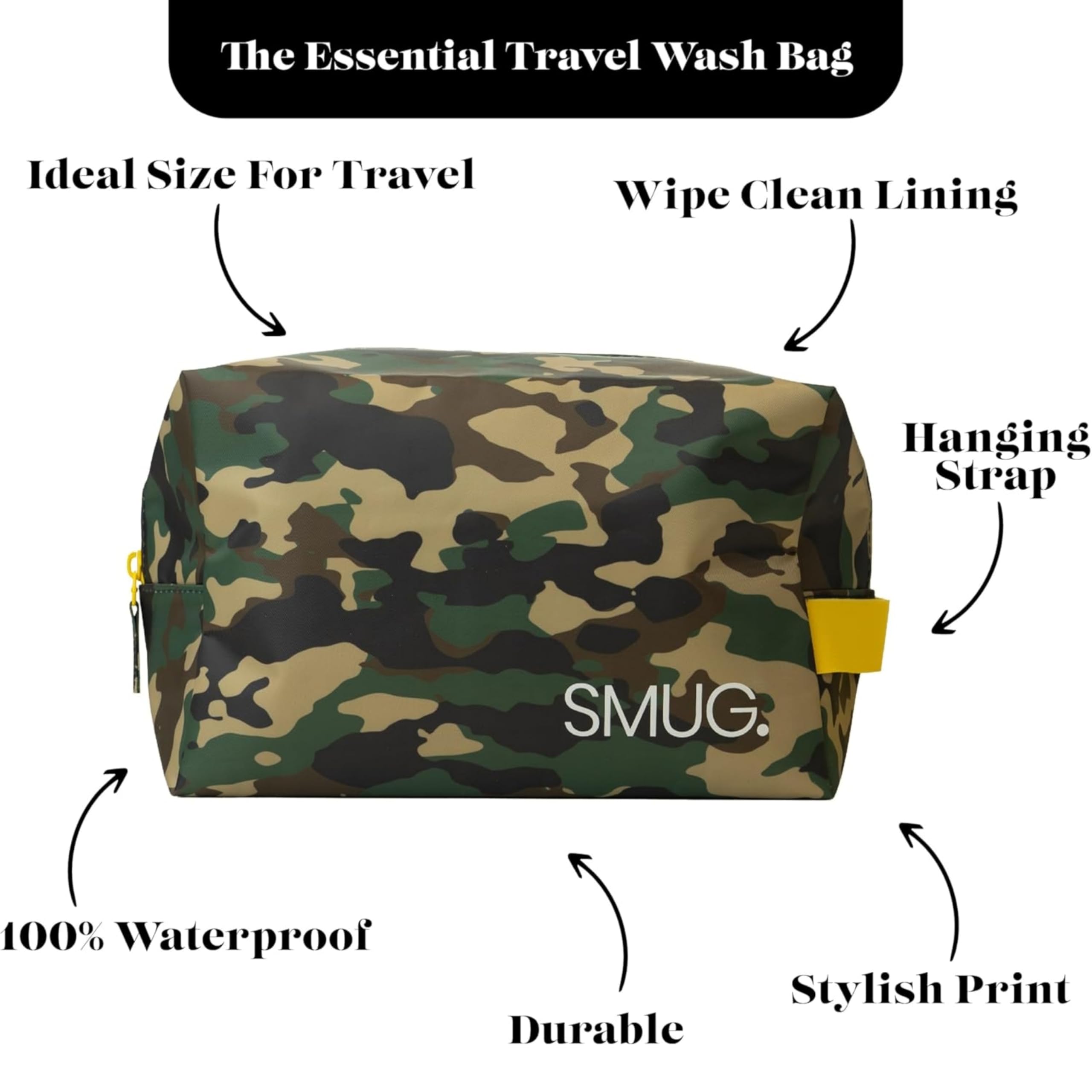 SMUG Wash Bag | Waterproof Travel Toiletry Bags for Travelling, Gym, Shower, Shaving, Toiletries, Cosmetics & Makeup Bag | Large Washbag for Men & Women | Stylish, Spacious & Easy Clean | Green Camo