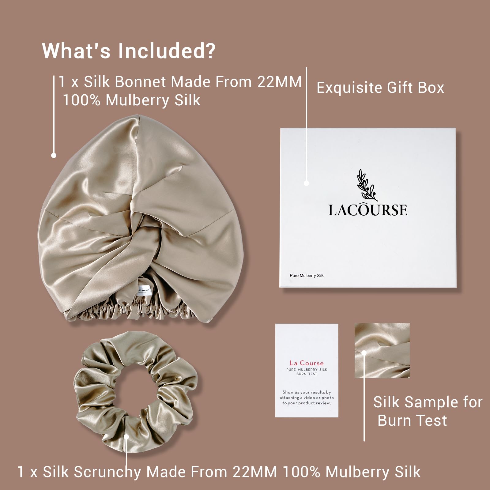 LaCourse 100% Genuine 22Momme Silk Bonnet for Sleeping, Double-Layered Mulberry Silk Hair Wrap with Premium Elastic Stay on Head. (One Size,Caramel)