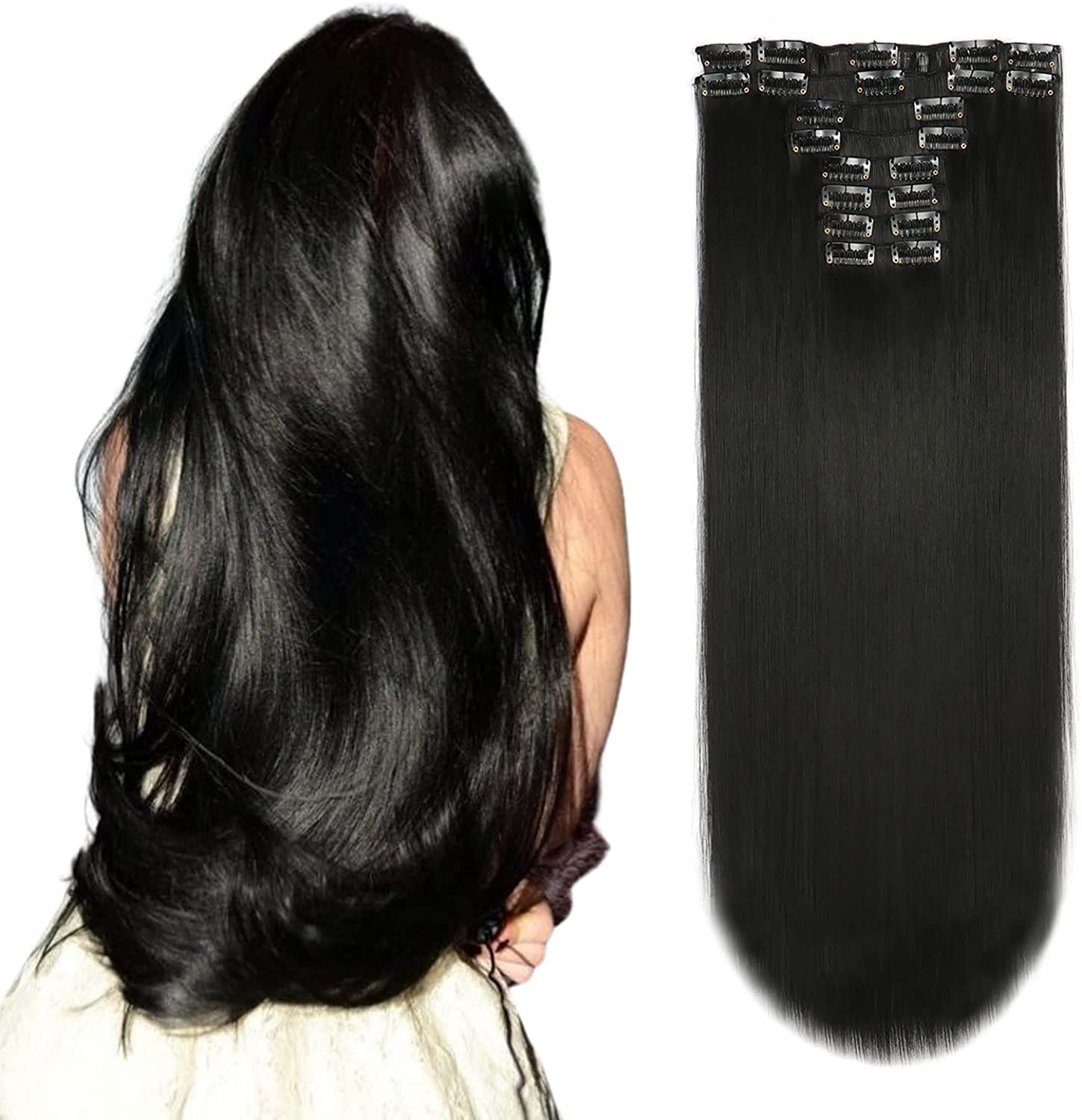 22 Inch Long Straight Clip in Hair Extensions 180 Grams 12PCS Clip in Synthetic Fiber Hair Extensions Natural Black Full Head Double Weft Hairpieces for Women