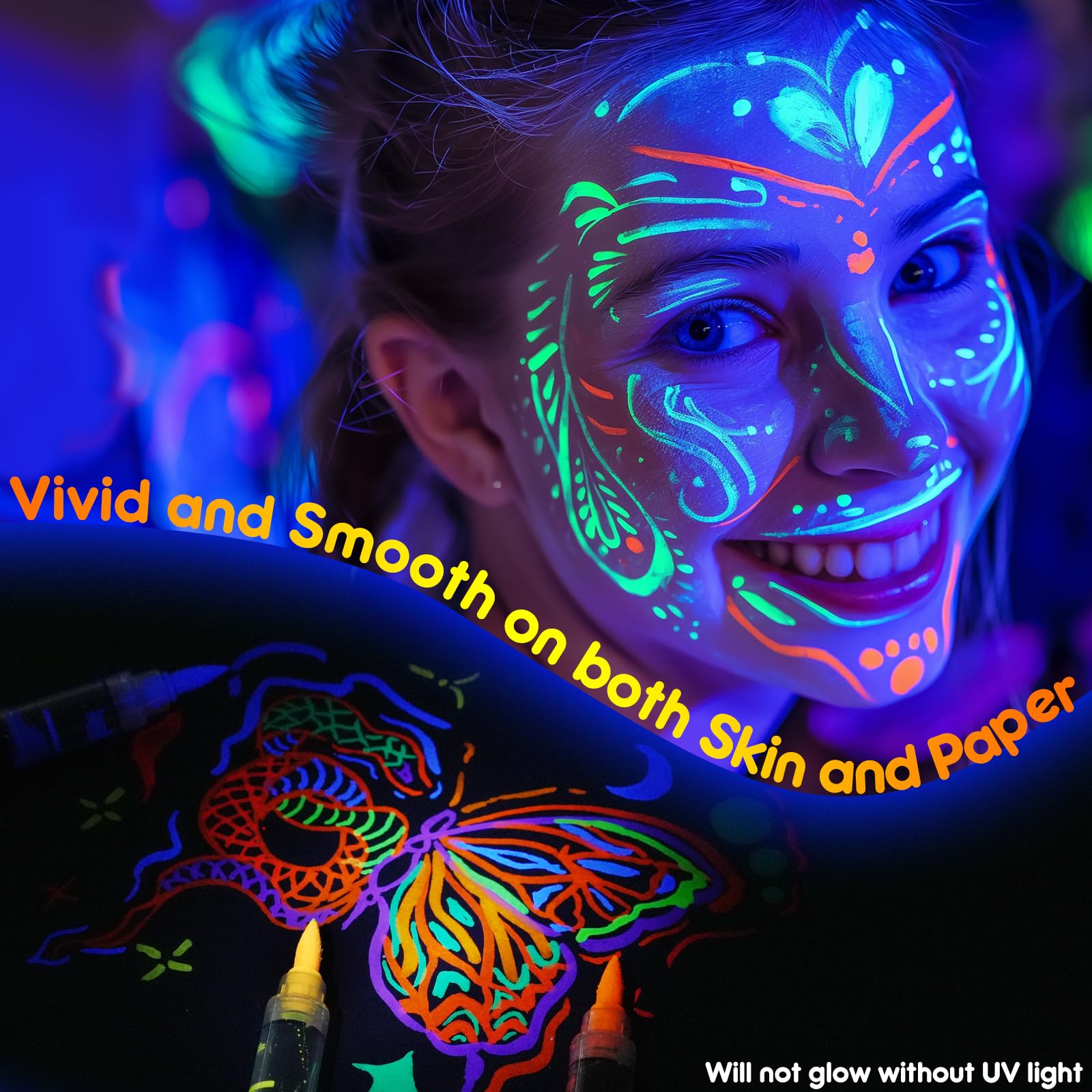 ThEast 8 UV Neon Face Paint Pens, Glow in the Dark Under UV Light Body Painting Kit, Tatto Markers for Skin Washable, Face Makeup for Party Favors