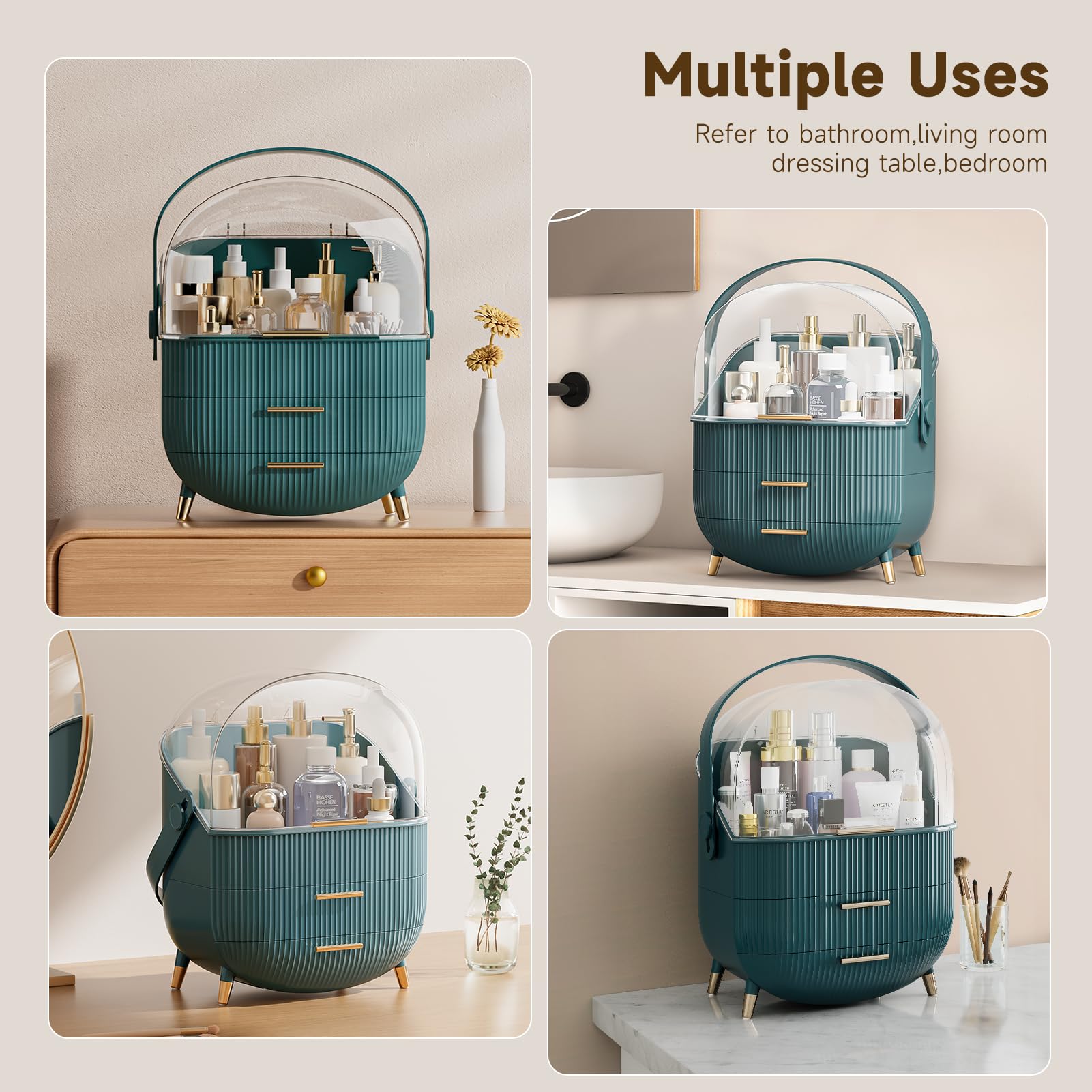 Multi-Function Make Up Case Dustproof Cosmetic Storage Box, Organizer Skin Care Products Jewelry Organizer Finishing Box for Bedroom Bathroom Desktop (Dark Green)