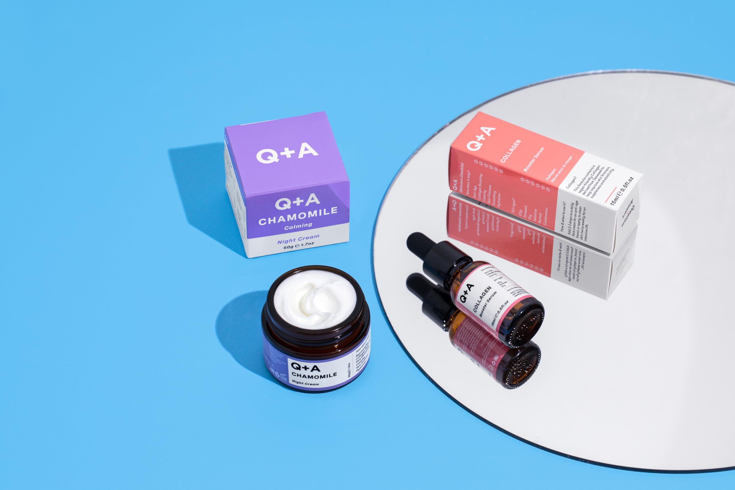 Q+A Collagen Booster Serum, a vegan-friendly serum containing a blend of vegetable Collagen, Honey Locust Seed and Algae Extracts that help tighten, smooth, and plump the skin,15ml