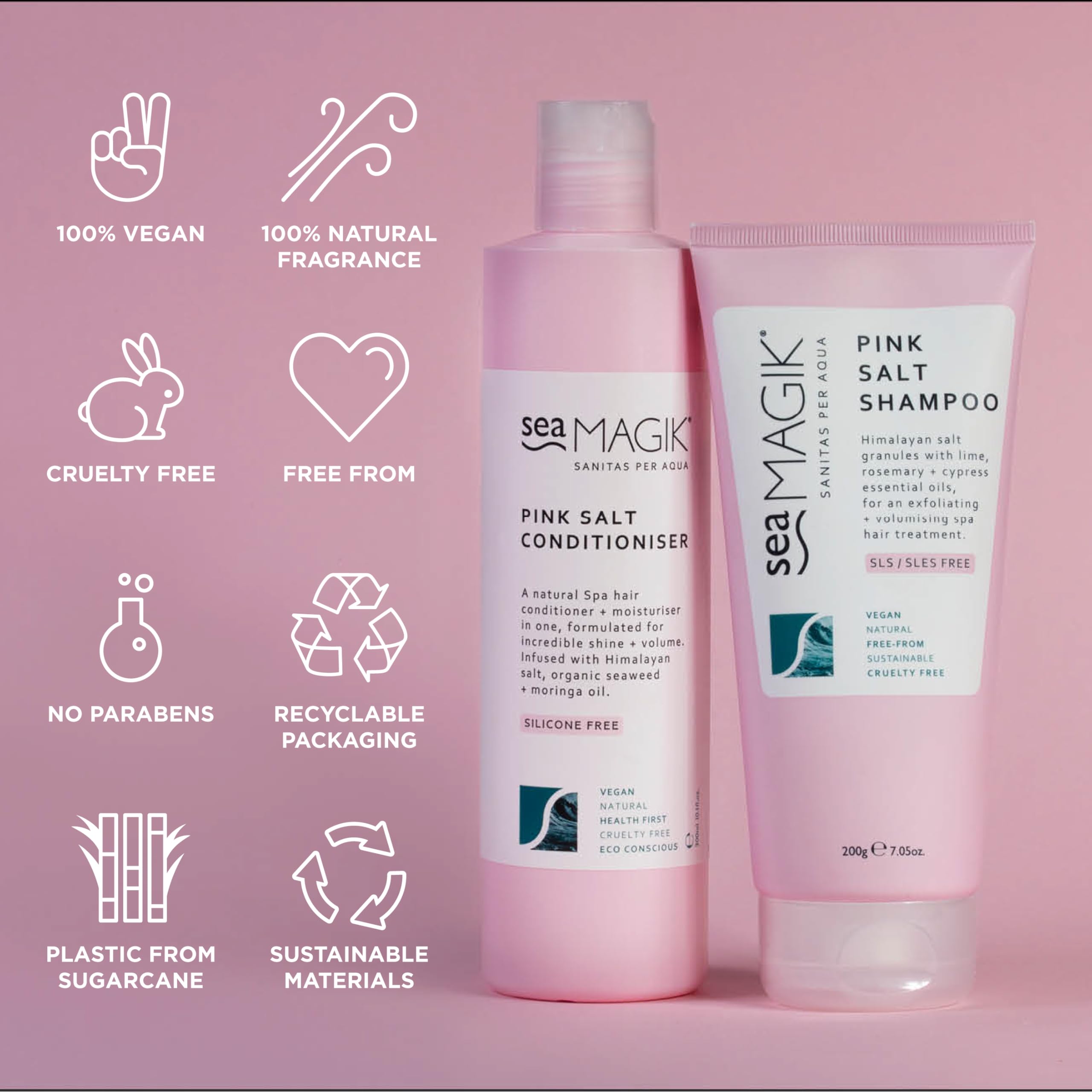 Sea Magik - Natural Silicone Free Shampoo and Conditioner, Exfoliating Pink Salt Granules, Professional SPA Hair and Scalp Treatment with Fragrance, Deep Cleansing, Vegan, Cruelty Free (200g + 300ml)…