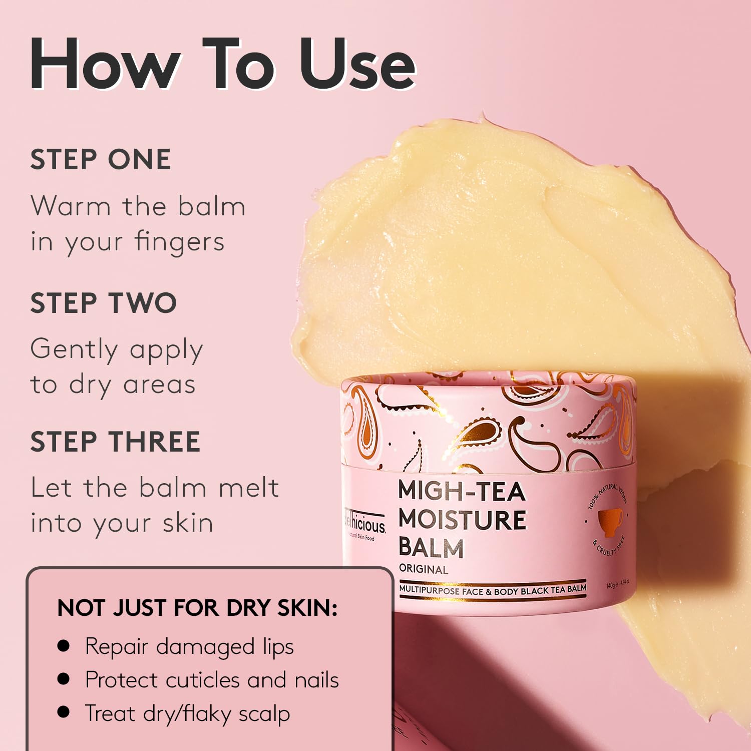 Delhicious Migh-Tea Moisture Face & Body Balm for Very Dry Skin - Eczema Relief, Psoriasis Treatment - Nourishing Shea Butter Moisturiser - Multipurpose Jumbo Balm - Natural, Vegan, Ayurveda - 140g