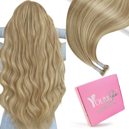 YoungSee Nano Hair Extensions Blonde 16inch Nano Bead Hair Extensions Human Hair Warm Ash Blonde Highlight Bleach Blonde Nano Ring Extension Highlights Soft 50s 50g