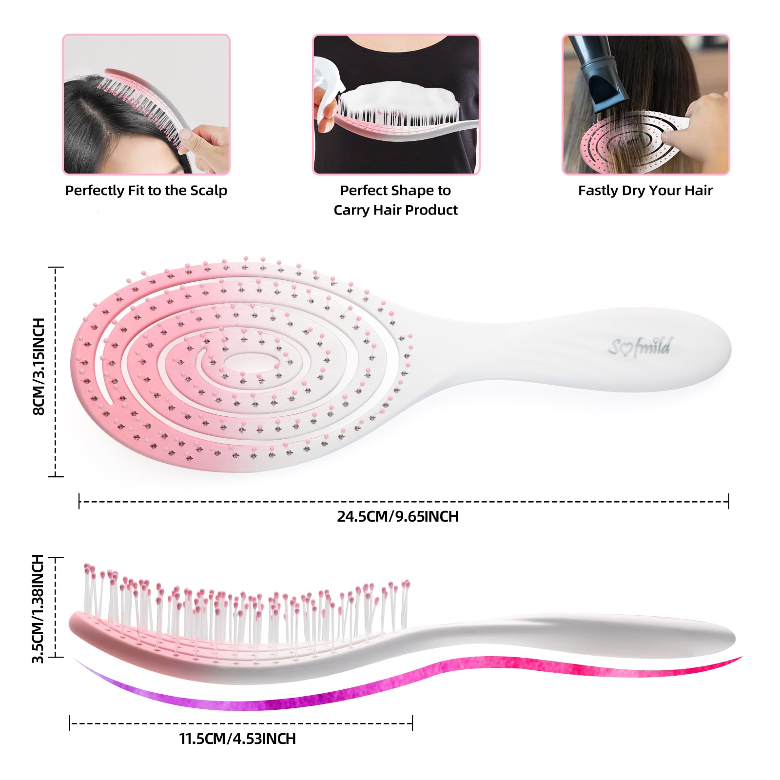 Hair Brush, 2 Pcs Detangling Brush 100% Bio-Friendly Detangler Brush with Soft Bristles for Straight, Curly, Women, Men, Kids Wet and Dry Hair, Glide Through Tangles Knots with Ease