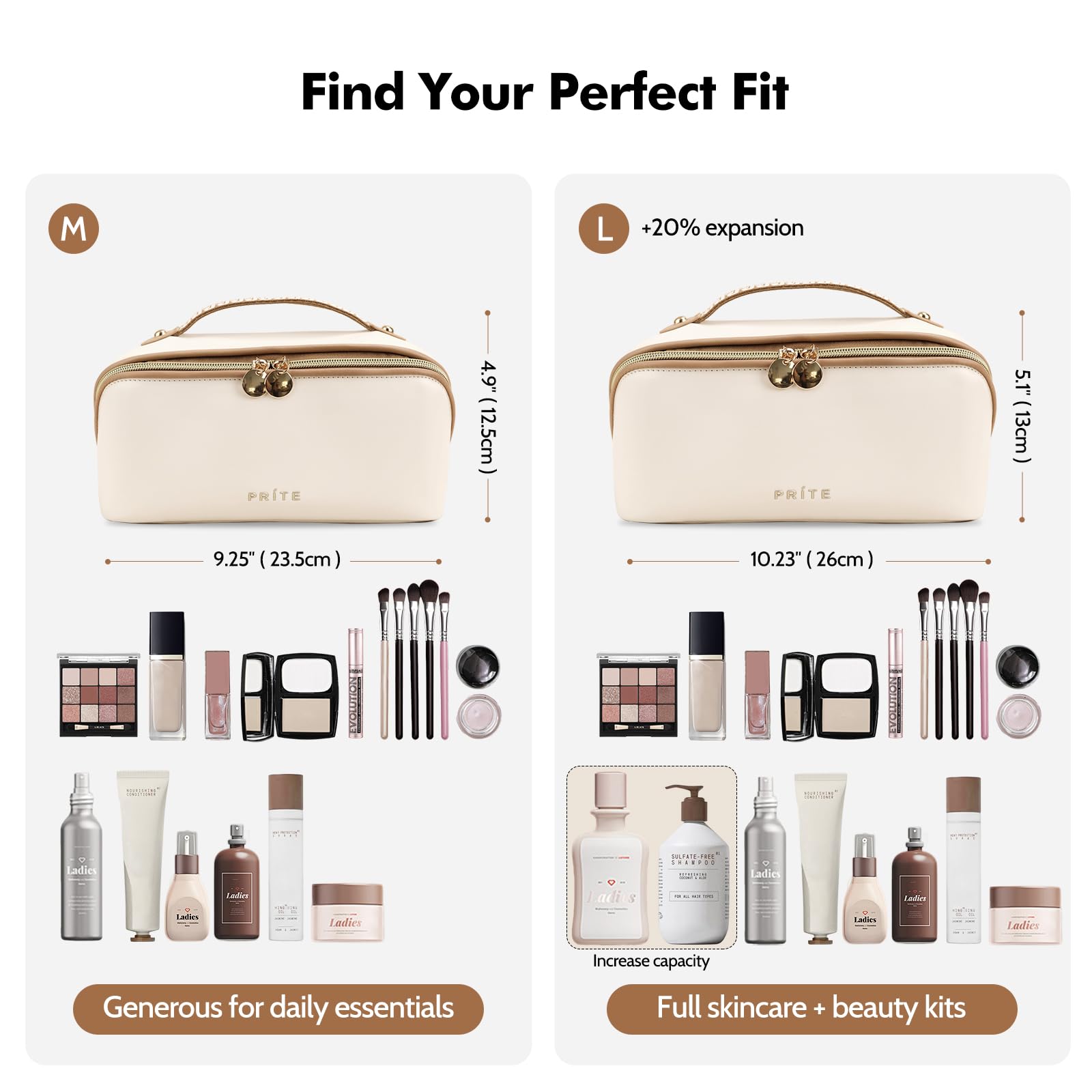 Prite Large Capacity Makeup Bag Portable Travel Cosmetic Bag Waterproof Toiletry Case with Clear Divider and Handle (Beige)
