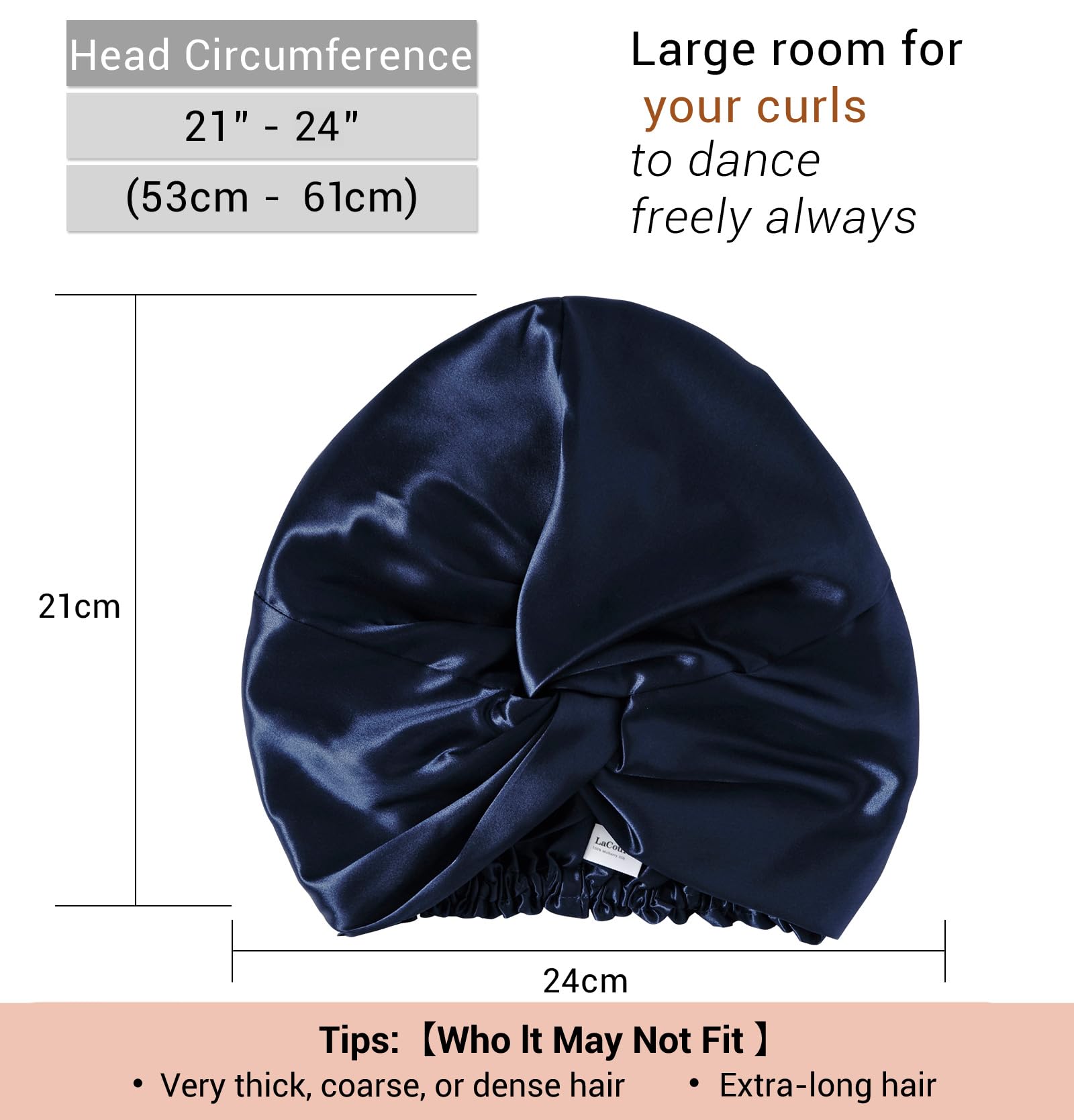LaCourse 100% Genuine 22Momme Silk Bonnet for Sleeping, Double-Layered Mulberry Silk Hair Wrap with Premium Elastic Stay on Head. (One Size, Navy Blue)