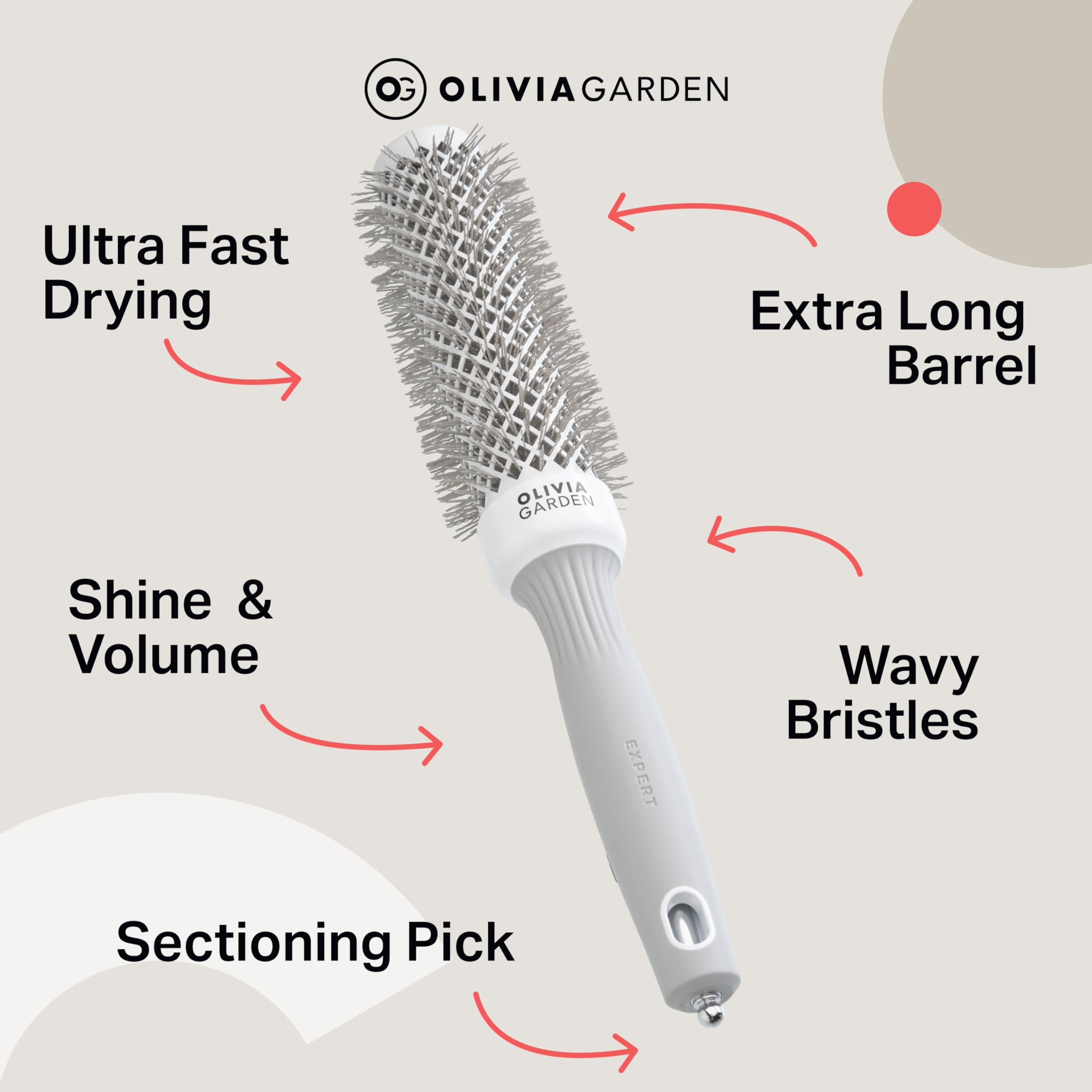 Olivia Garden Expert Blowout Speed – White & Grey - 35 - Ceramic Coated Round Brush with Extra Long Barrel for 25% Faster Blowouts