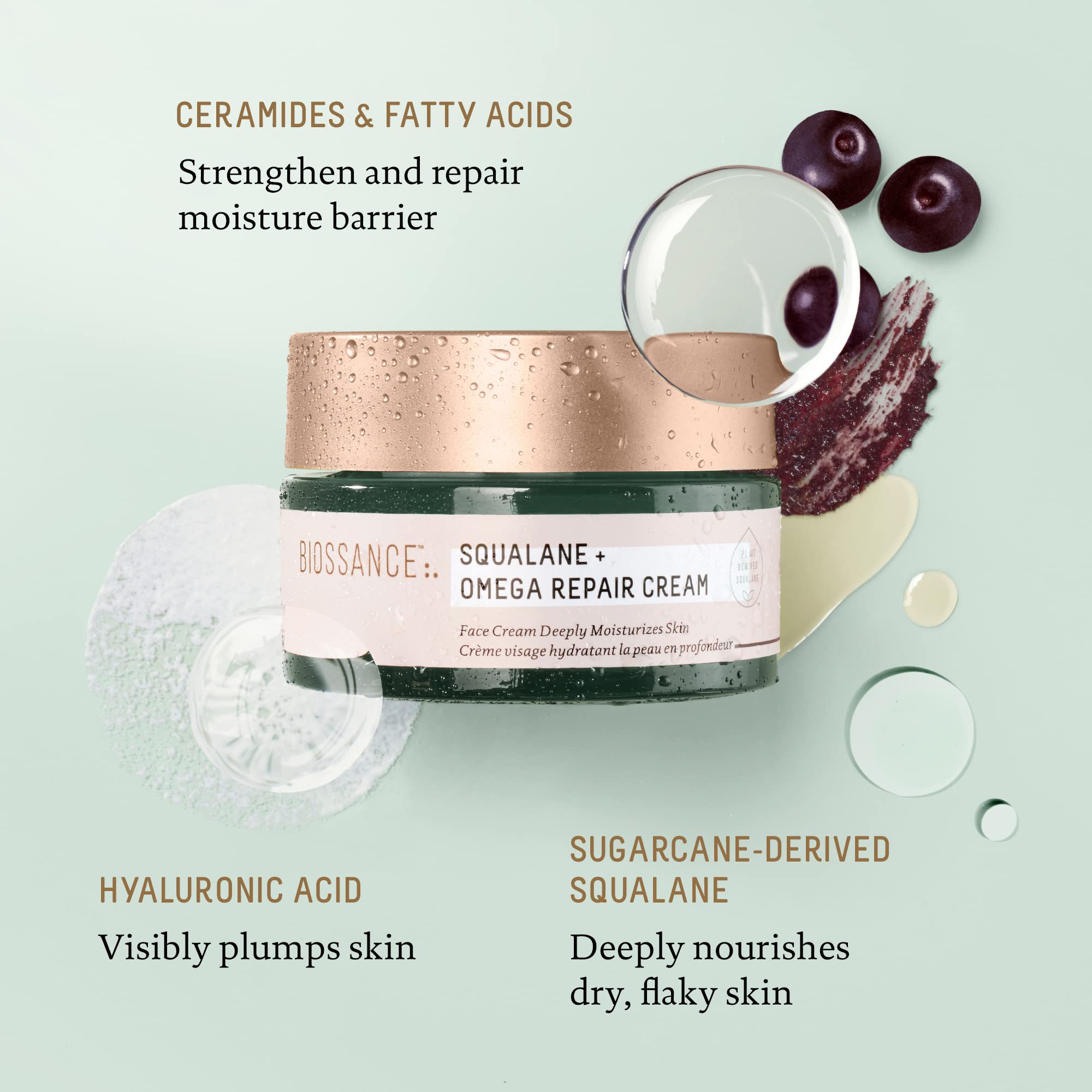 Biossance Squalane + Omega Repair Cream - Ultra-Rich Moisturizing Cream for Smooth, Plump Skin with No Greasy Feel - No Parabens or Fragrance (50ml)