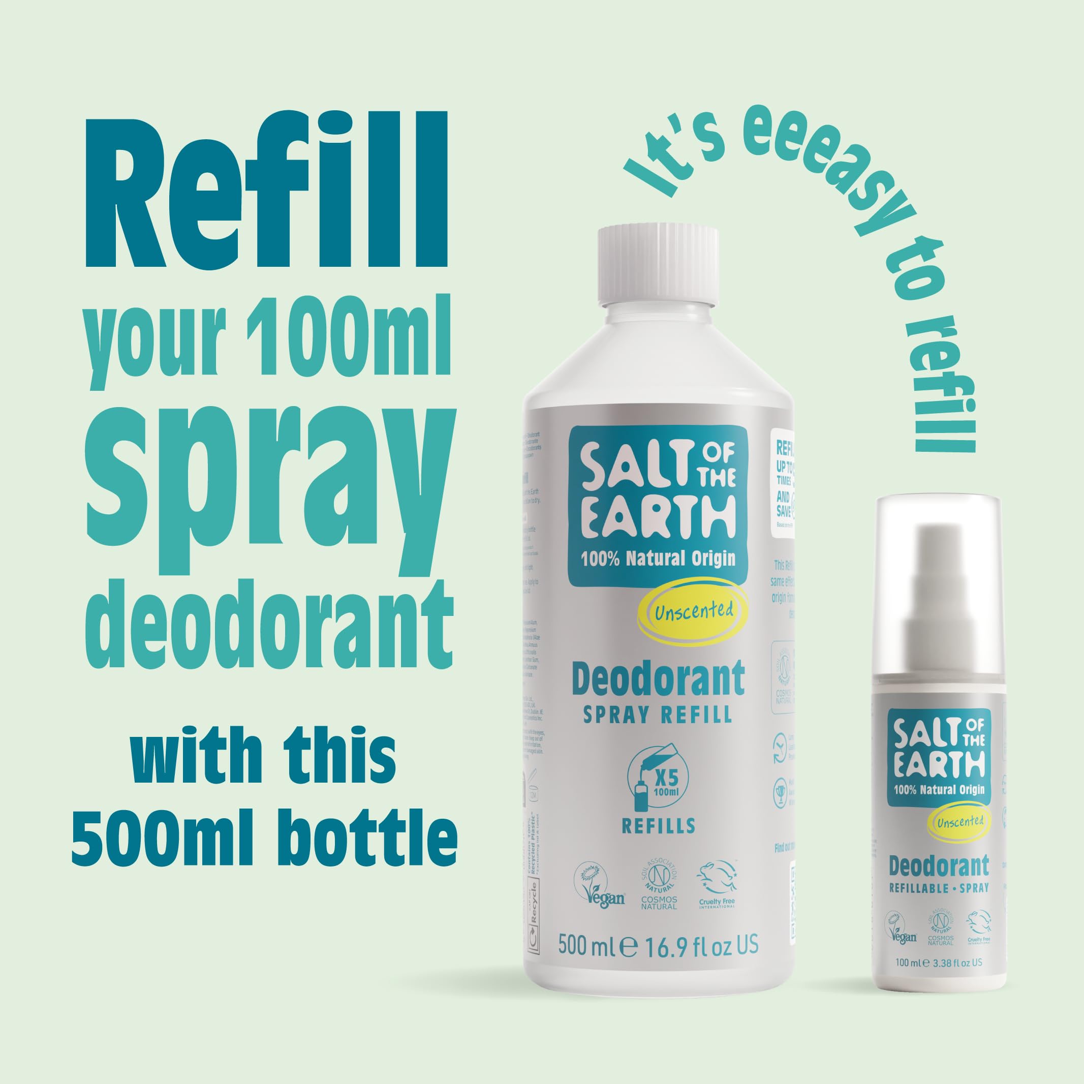 Salt of the Earth - Natural Deodorant Spray Refill - Unscented - 100% Natural Origin, Vegan and Effective Long Lasting Protection, Leaping Bunny Approved, Made in the UK - 500ml
