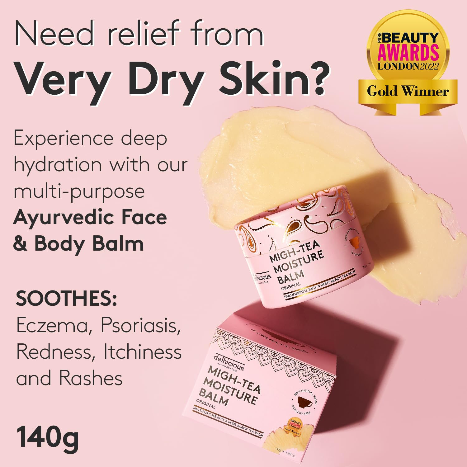 Delhicious Migh-Tea Moisture Face & Body Balm for Very Dry Skin - Eczema Relief, Psoriasis Treatment - Nourishing Shea Butter Moisturiser - Multipurpose Jumbo Balm - Natural, Vegan, Ayurveda - 140g