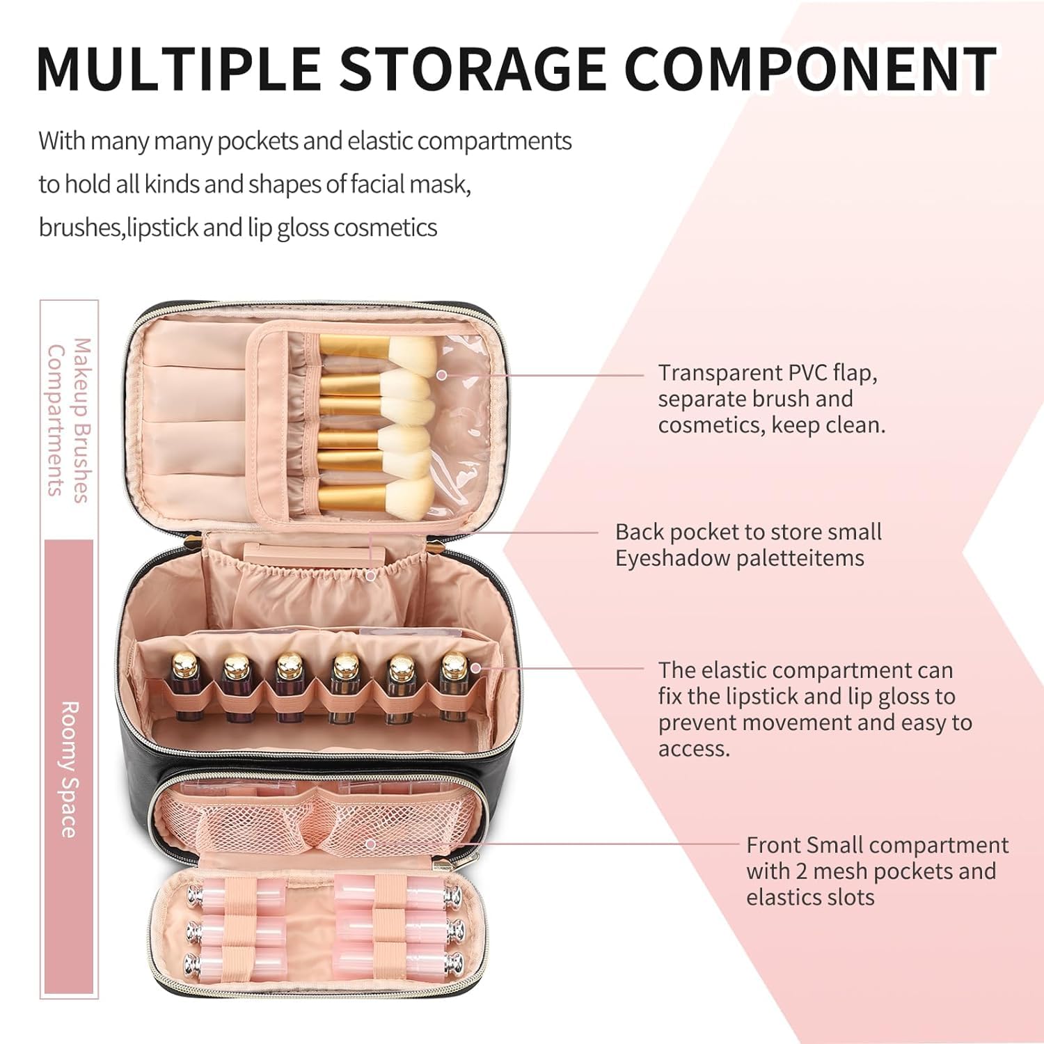 Travel Makeup Bag, Portable Cosmetic Bag with Makeup Brush Organiser Large Capacity Make up Case Water-Resistant Toiletry Bag for Women Travel Essentials, Large