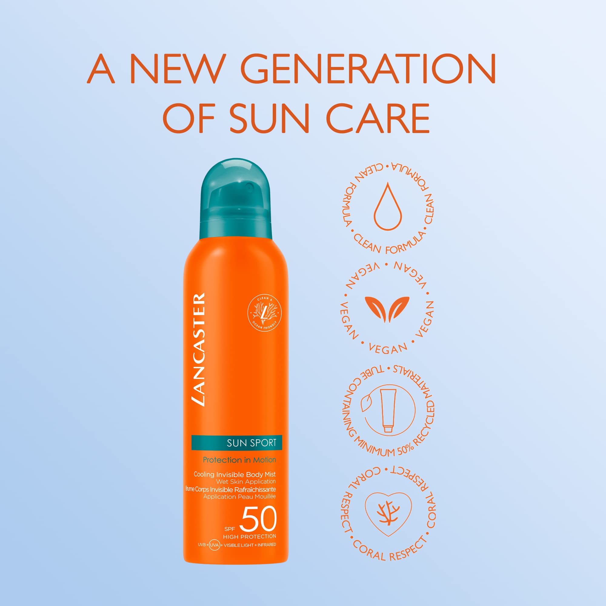 Lancaster Sun Sport Cooling Invisible Body Mist SPF50 200ml | Invisible Sunscreen For Body | Broad Spectrum Sun Protection | Sweat Resistant Spray